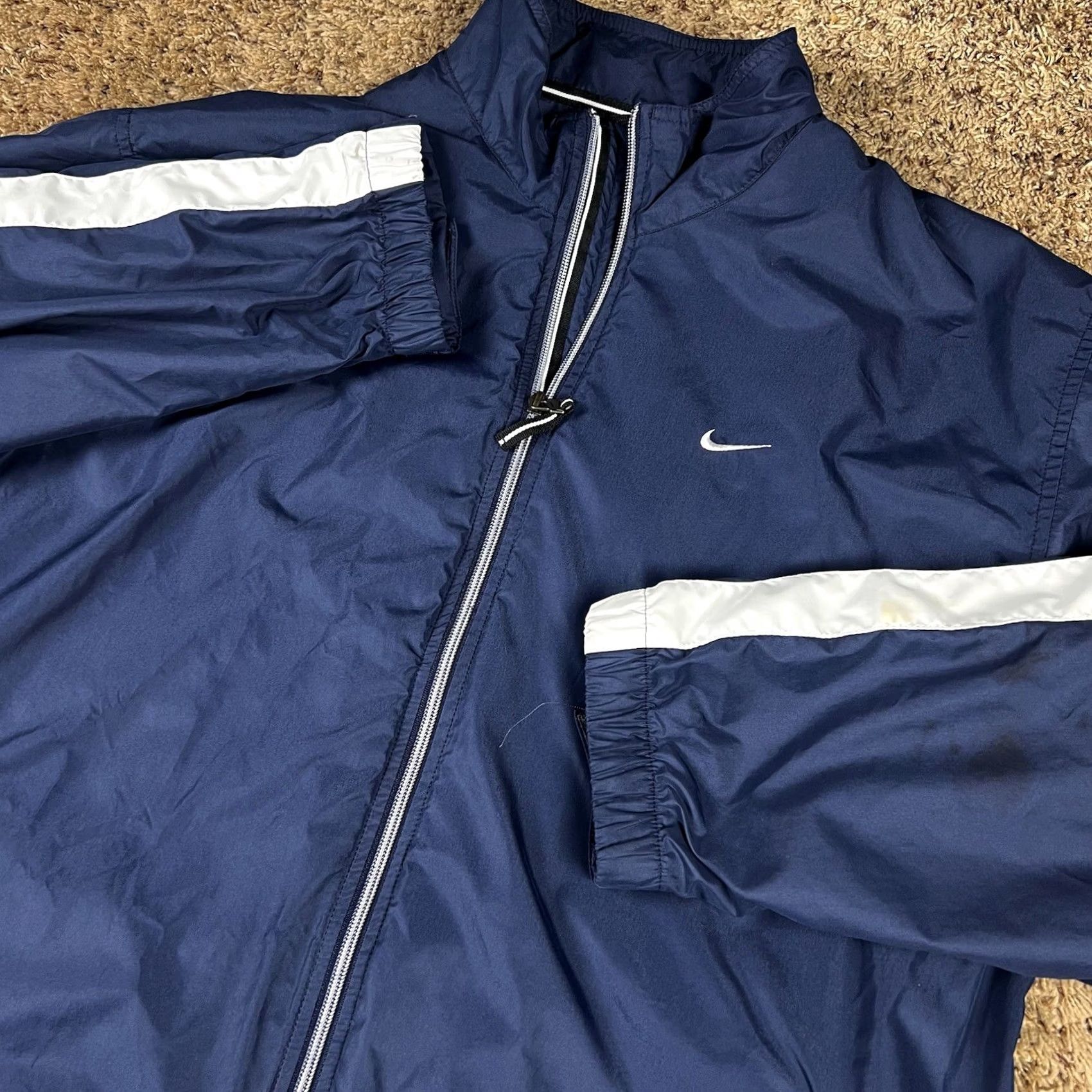 Nike VINTAGE Nike Zip Up Windbreaker Jacket Blue XL White Embroidered Swoosh Logo Mens Jacket Size US XL / EU 56 / 4 - 5 Thumbnail