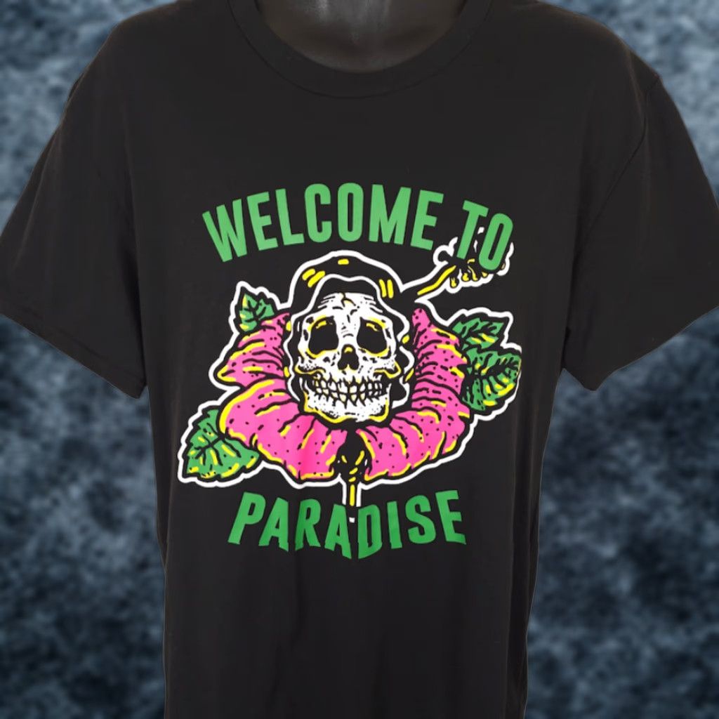 Paradise Welcome To Paradise T Shirt Mens Size Large Black Skull Flower Skeleton Tee Size US L / EU 52-54 / 3 - 1 Thumbnail