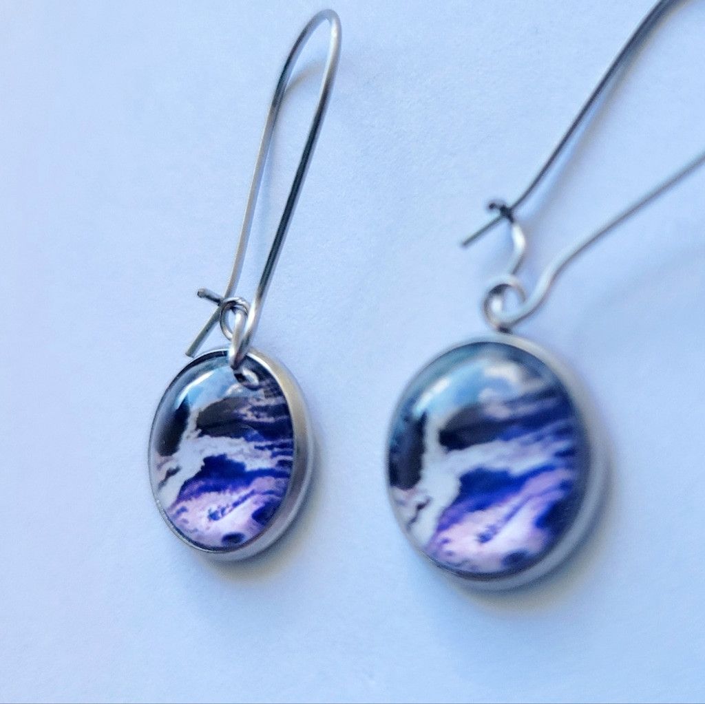 Handmade Blue and White Round abstract Latch Back Drop Earrings Size ONE SIZE - 3 Thumbnail