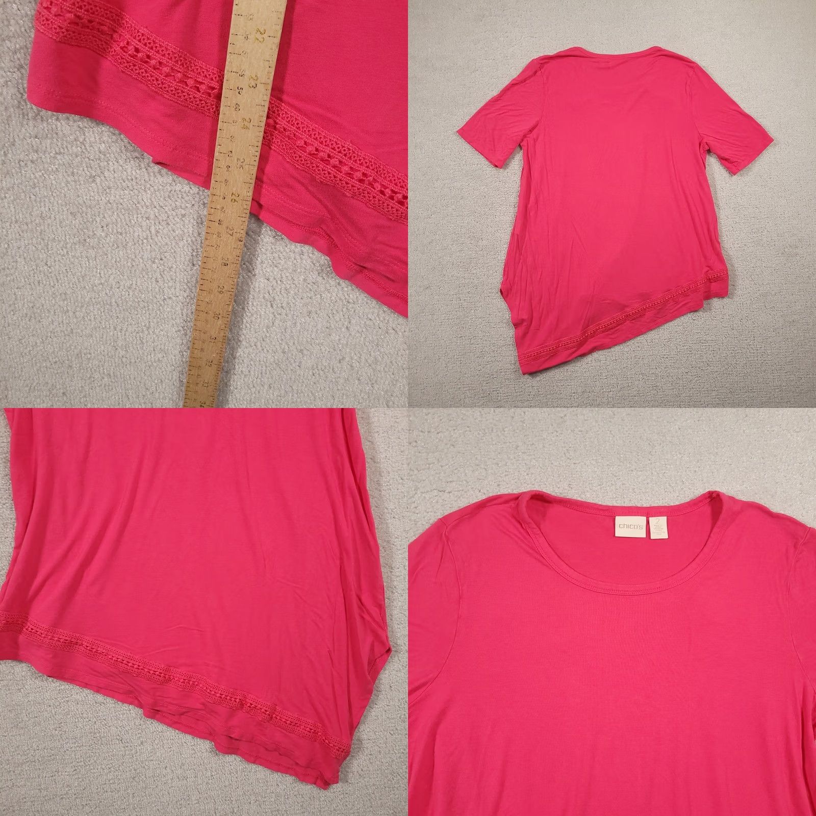 Vintage Chicos 2 Knit Top Pink Asymmetrical Hem Knit Lace Trim Short Sleeve Large Blouse Shirt Womens Vintage No Size L / US 10 / IT 46 - 8 Thumbnail