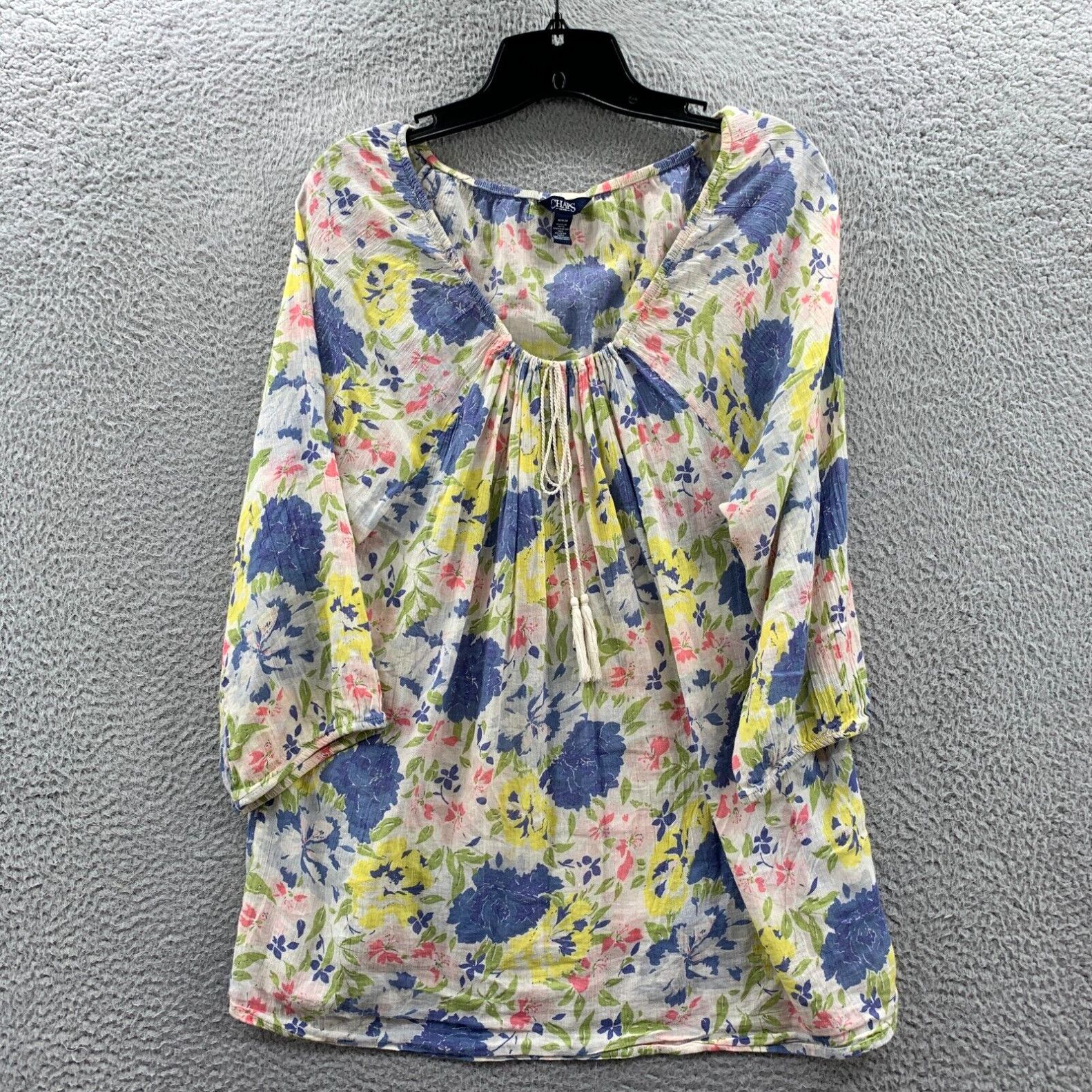 Chaps CHAPS Blouse Womens Medium Top Floral 3/4 Sleeve Sheer White Blue ...