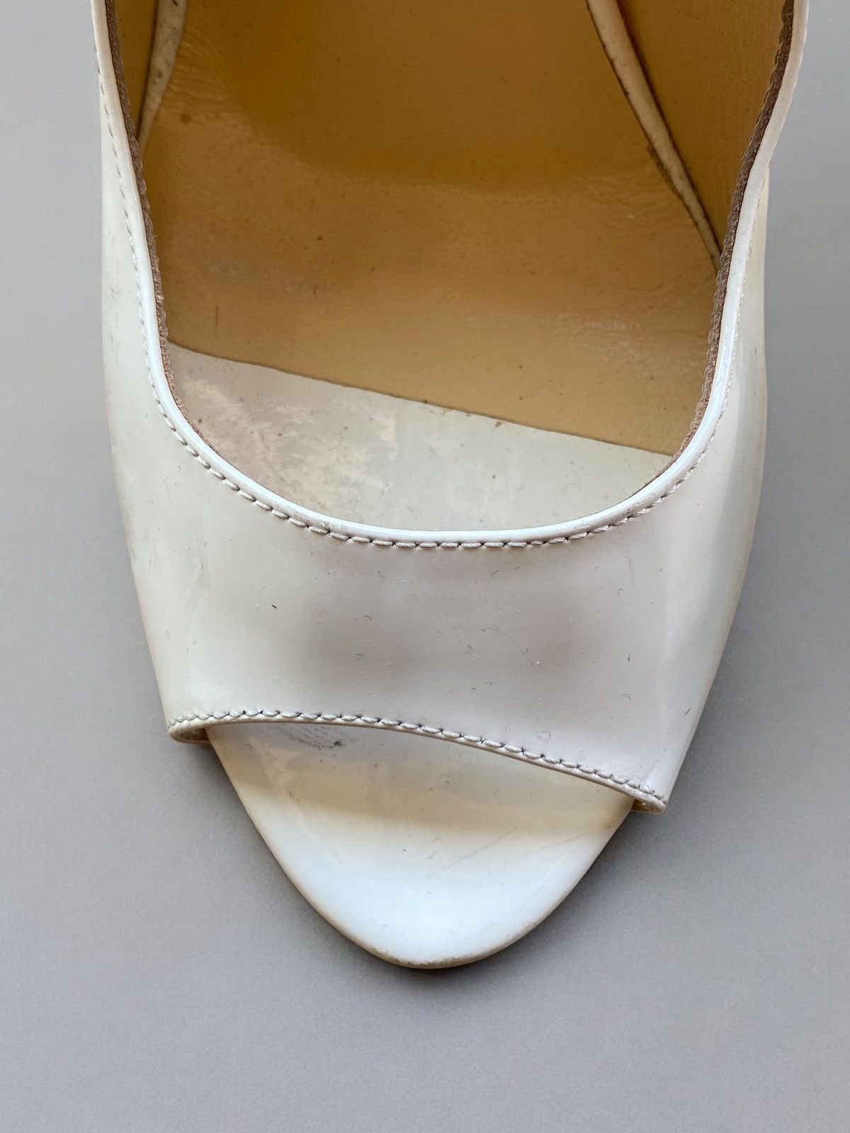 Jimmy Choo Jimmy Choo White Gold Patent Leather Peep Toe Heels Size US 7 / IT 37 - 13 Thumbnail