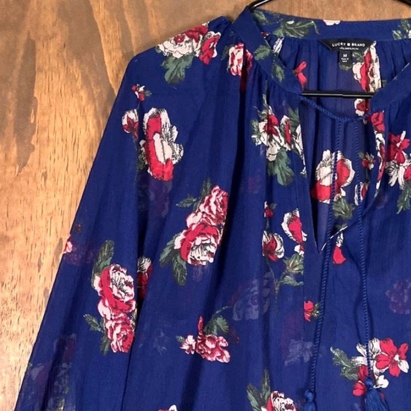 Lucky Brand Lucky Brand Womens Blouse Blue Floral Sheer V-Neck Front Tie Long Sleeve Medium Shirt Womens Blouse Boho Floral Blue 90s? Size M / US 6-8 / IT 42-44 - 4 Thumbnail