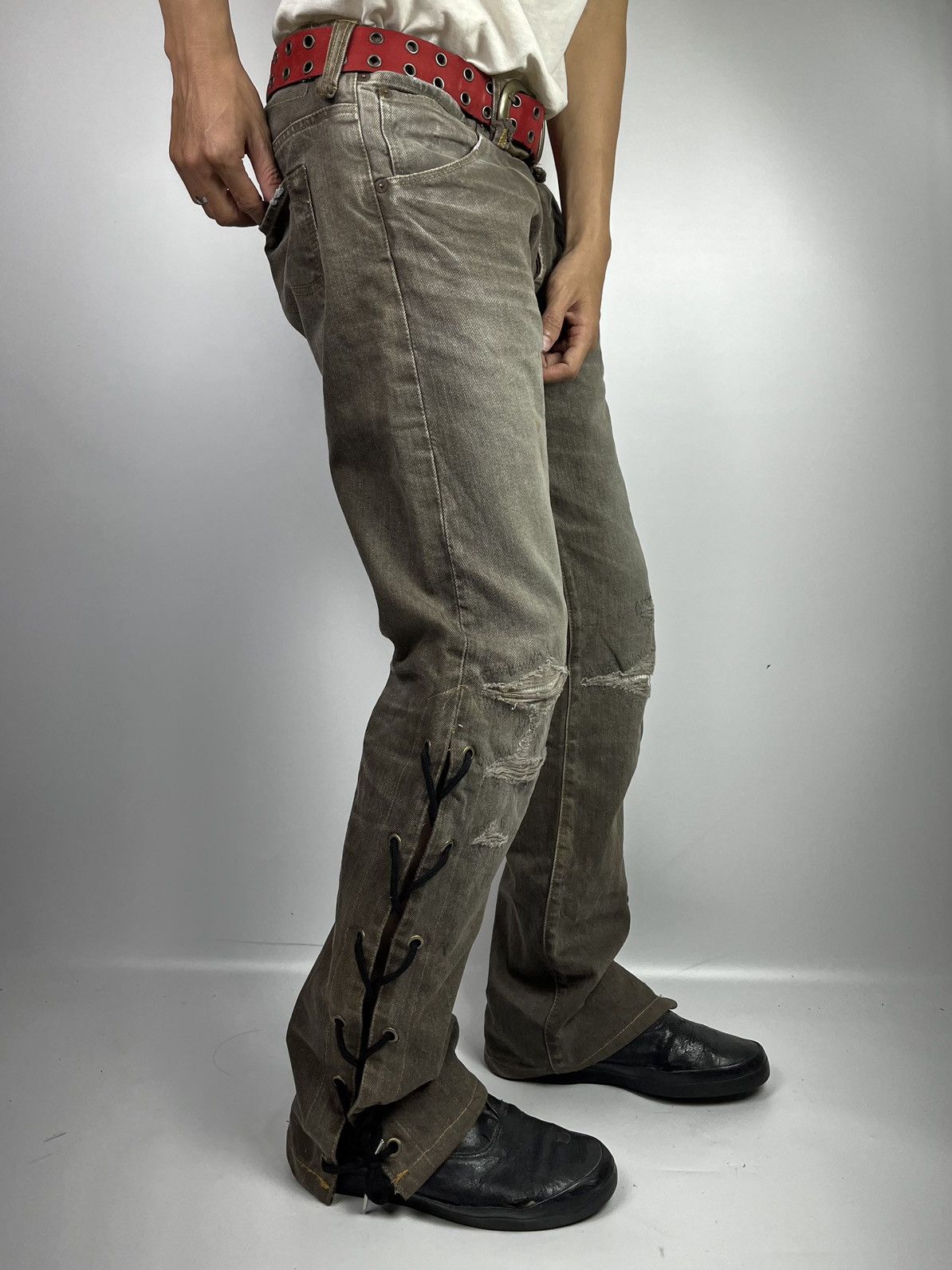 If Six Was Nine lace up trove distress jeans pant ifsixwasnine vkei style Size US 32 / EU 48 - 2 Thumbnail
