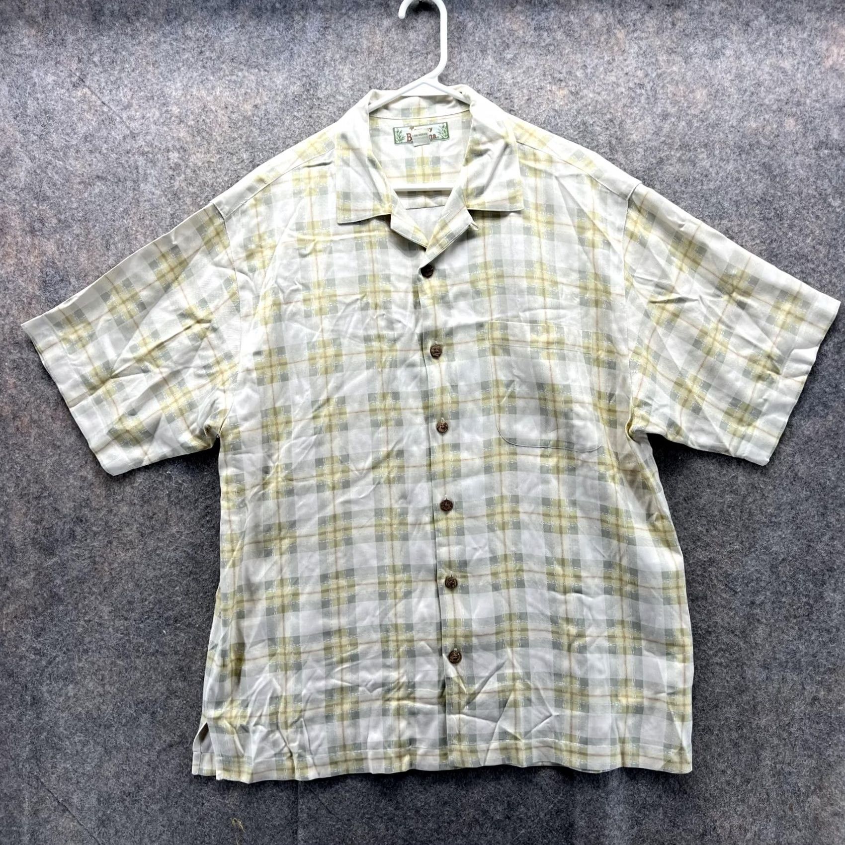 Tommy Bahama Tommy Bahama Shirt Men M Beige Silk Button-Up Check Vtg Preppy Glen-Style Short Sleeve, Regular Fit, 46 Chest, Button-Down Collar, All Seasons, China Size US M / EU 48-50 / 2 - 2 Thumbnail