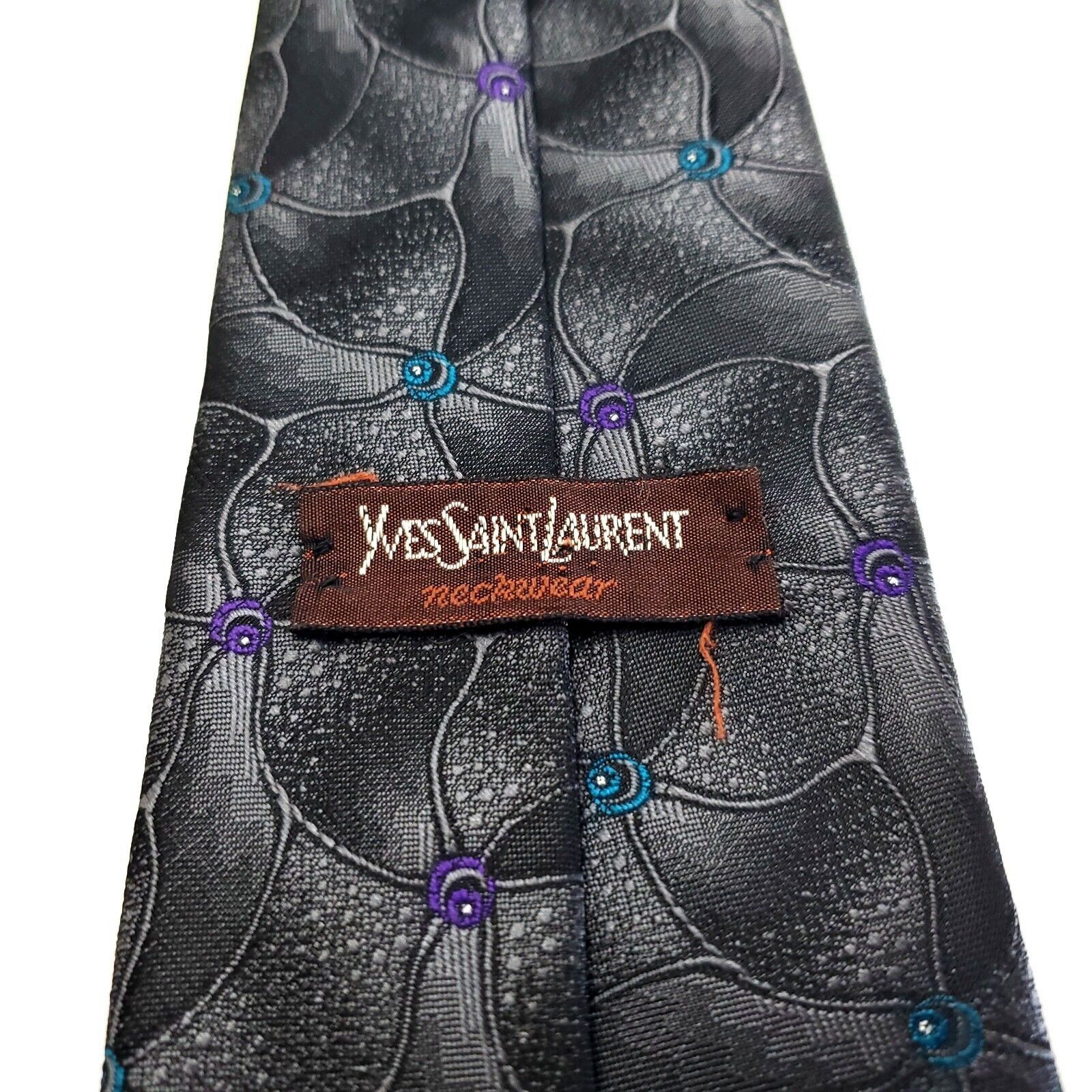 Yves Saint Laurent Yves Saint Laurent Gray Woven Silk Tie Abstract Purple Teal Size ONE SIZE - 3 Thumbnail