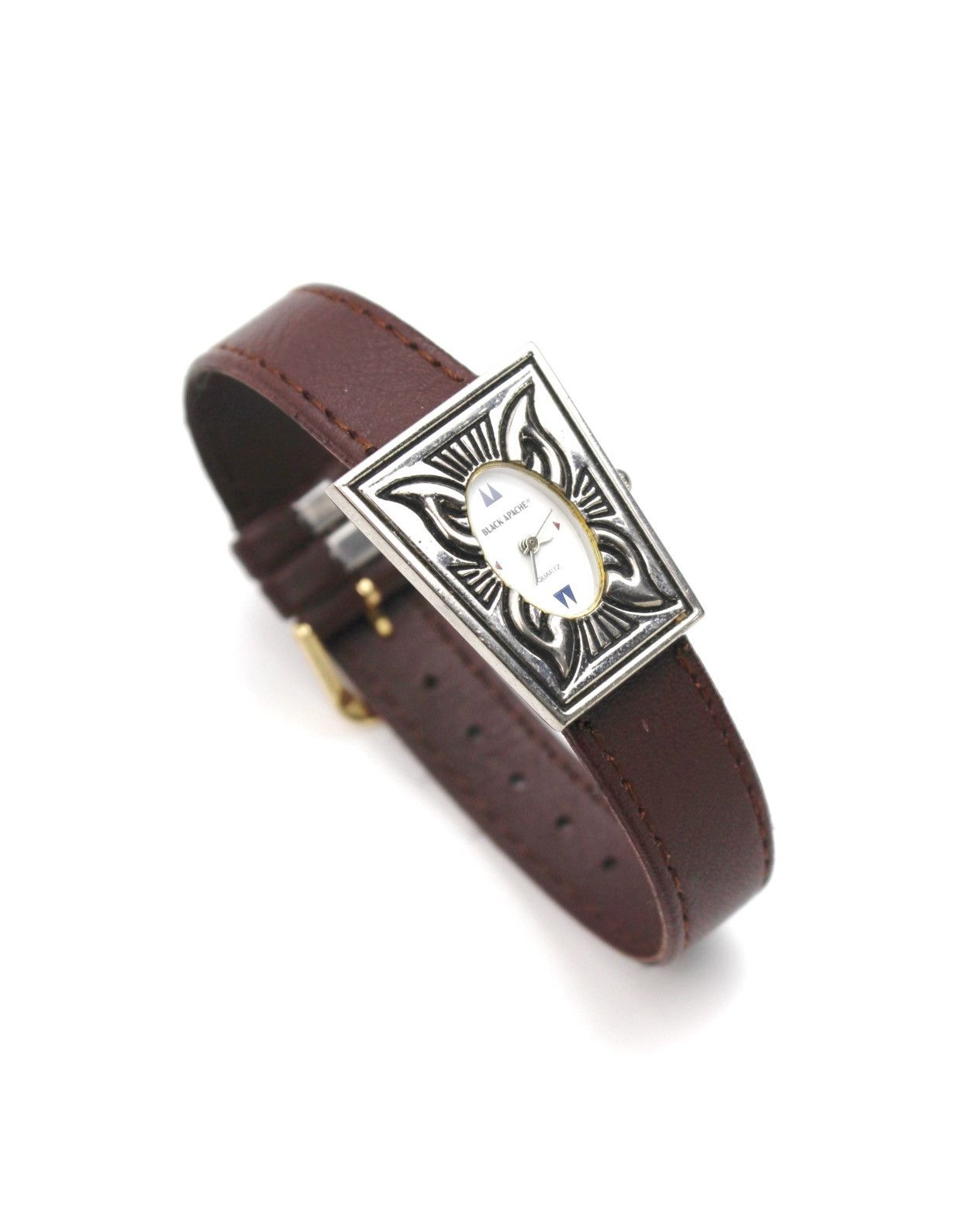 Vintage 1990S BLACK APACHE ORNATE FRAME OVAL WESTERN LEATHER WATCH Size ONE SIZE - 3 Thumbnail