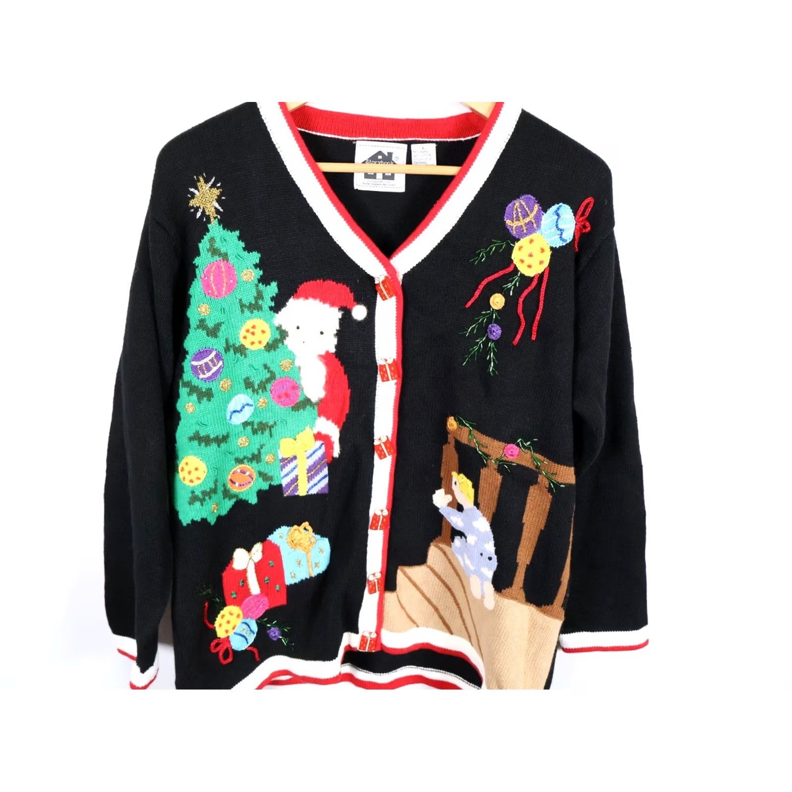 Vintage VINTAGE Storybook Knits Cardigan Sweater Women's Large Black Christmas 90s VTG Christmas motif chunky-knit Size L / US 10 / IT 46 - 4 Thumbnail