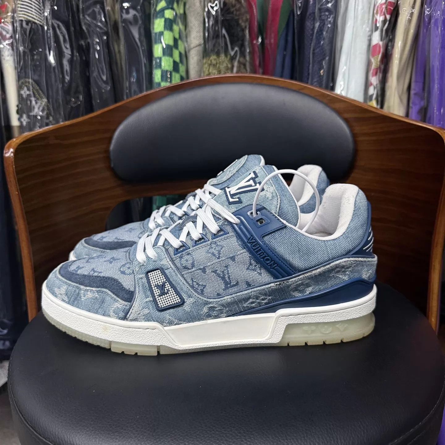 Louis Vuitton LV Trainer Blue/White Denim All Over Print US8 Size US 9 / EU 42 - 6 Thumbnail