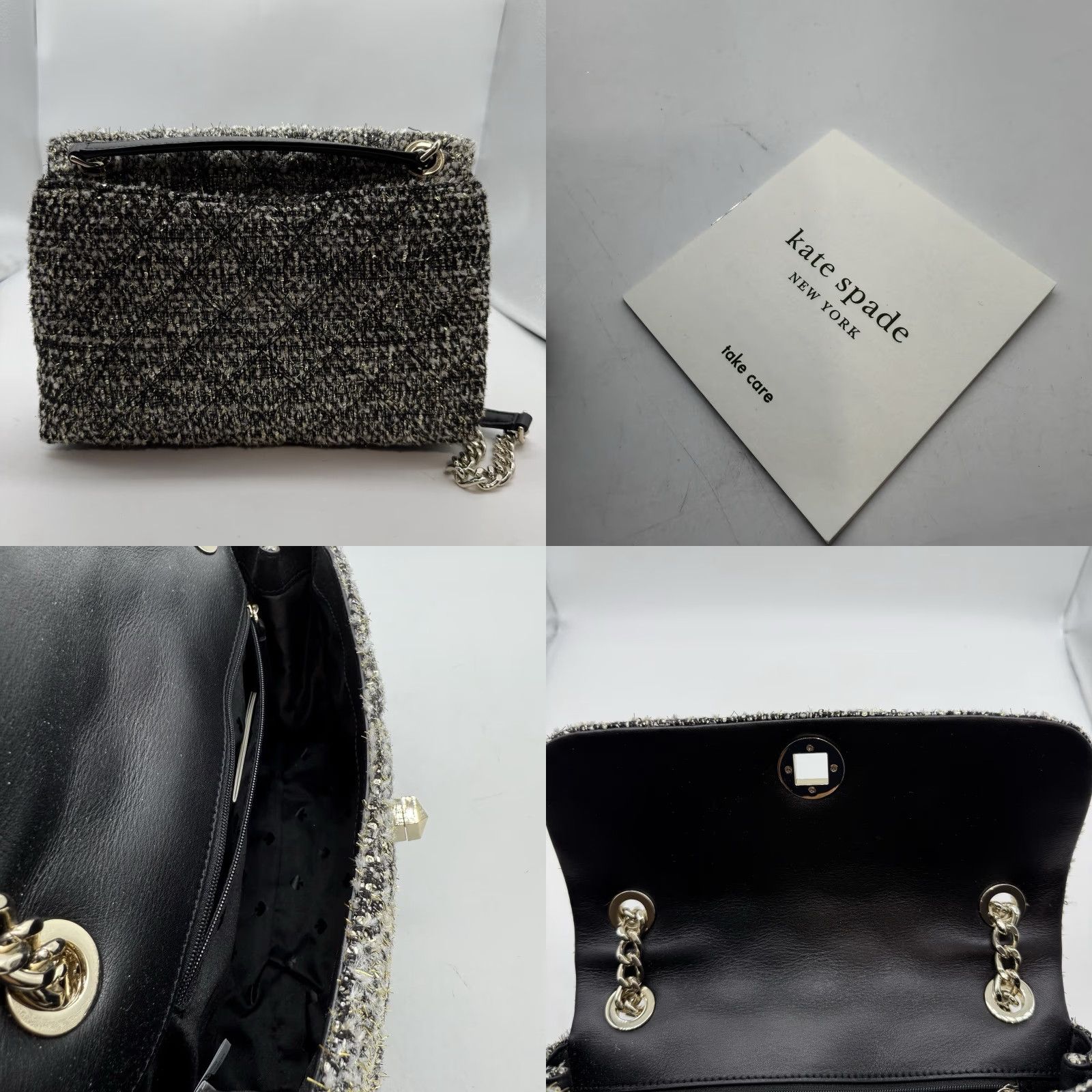 Vintage kate spade new york Natalia Gray Tweed Shoulder Bag Purse Chain Turn Lock Small Gray Geometric Designer Women Size ONE SIZE - 9 Thumbnail