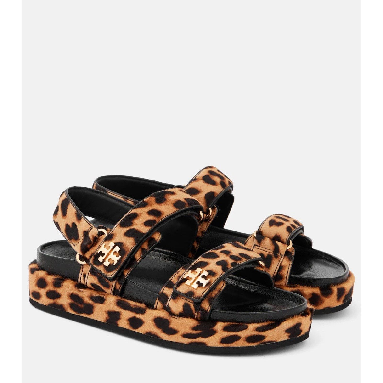New Tory Burch Kira Leopard Sandals Calf Hair Brown 9, Women's