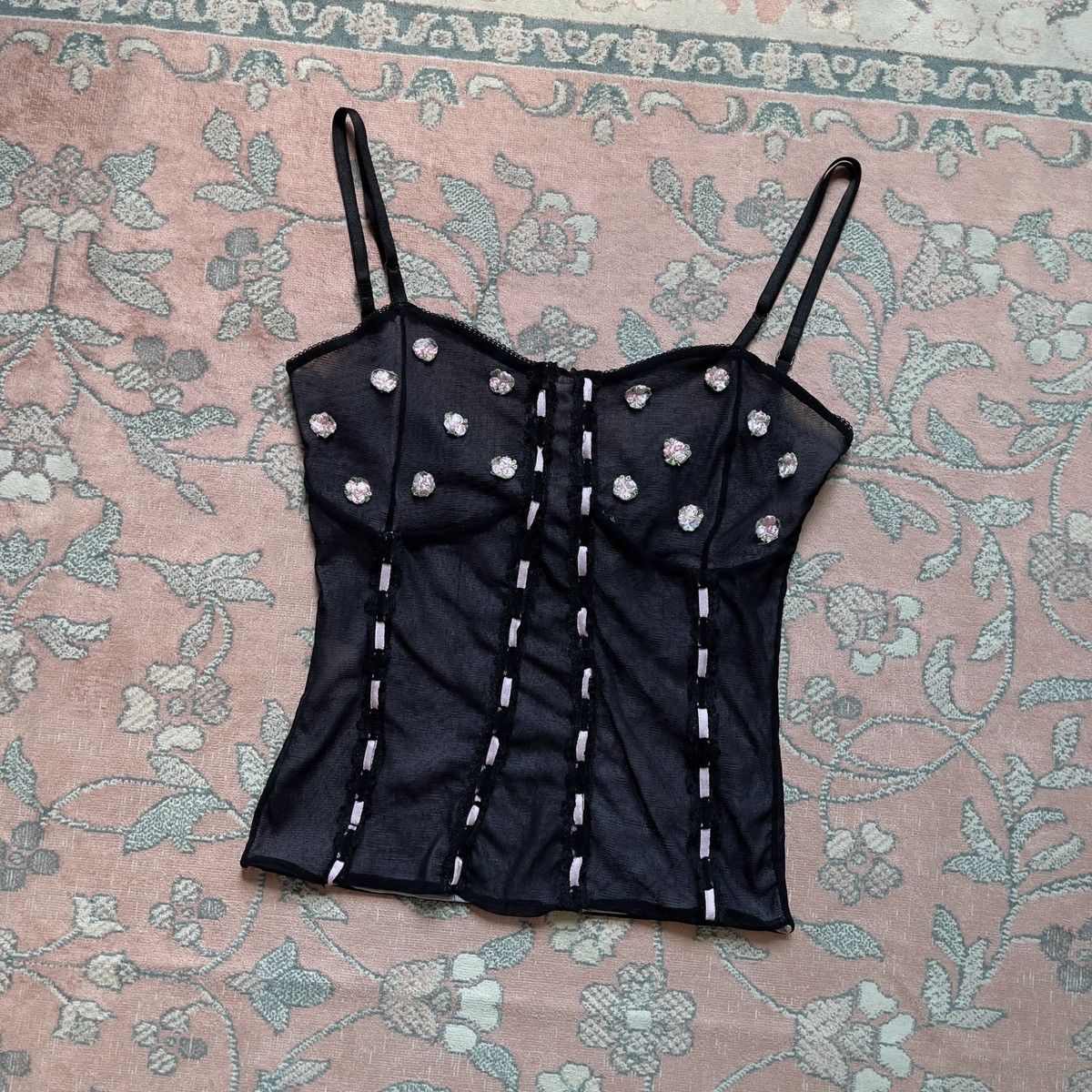 Vintage Vintage Black Floral Mesh Semi-Sheer Camisole (Small) Size S / US 4 / IT 40 - 3 Thumbnail