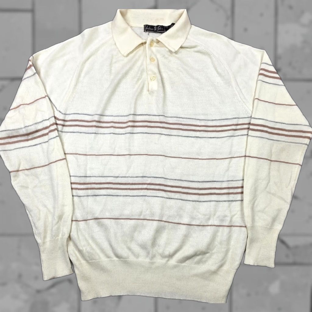 Vintage VINTAGE Andrew St. John Tan Striped Knit Polo Sweater M Loop Collar Shirt Mens Size US M / EU 48-50 / 2 - 1 Thumbnail