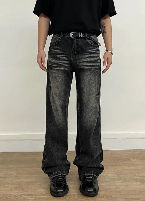 image of Vintage Washed Black Micro-Flare Casual Jeans, Men's (Size 32)