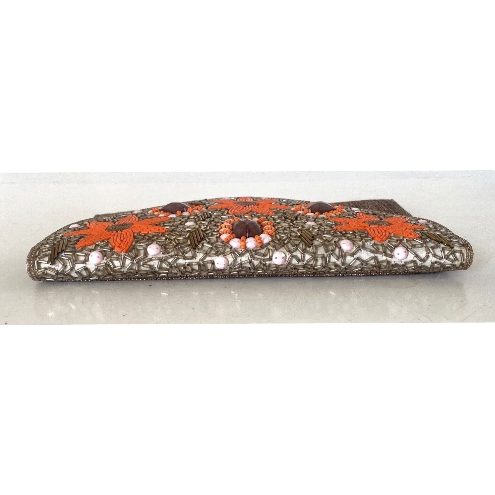 Vintage David Jeffrey Beaded Clutch Purse w/Shoulder Strap Tan Brown Orange Flowers Size ONE SIZE - 4 Thumbnail