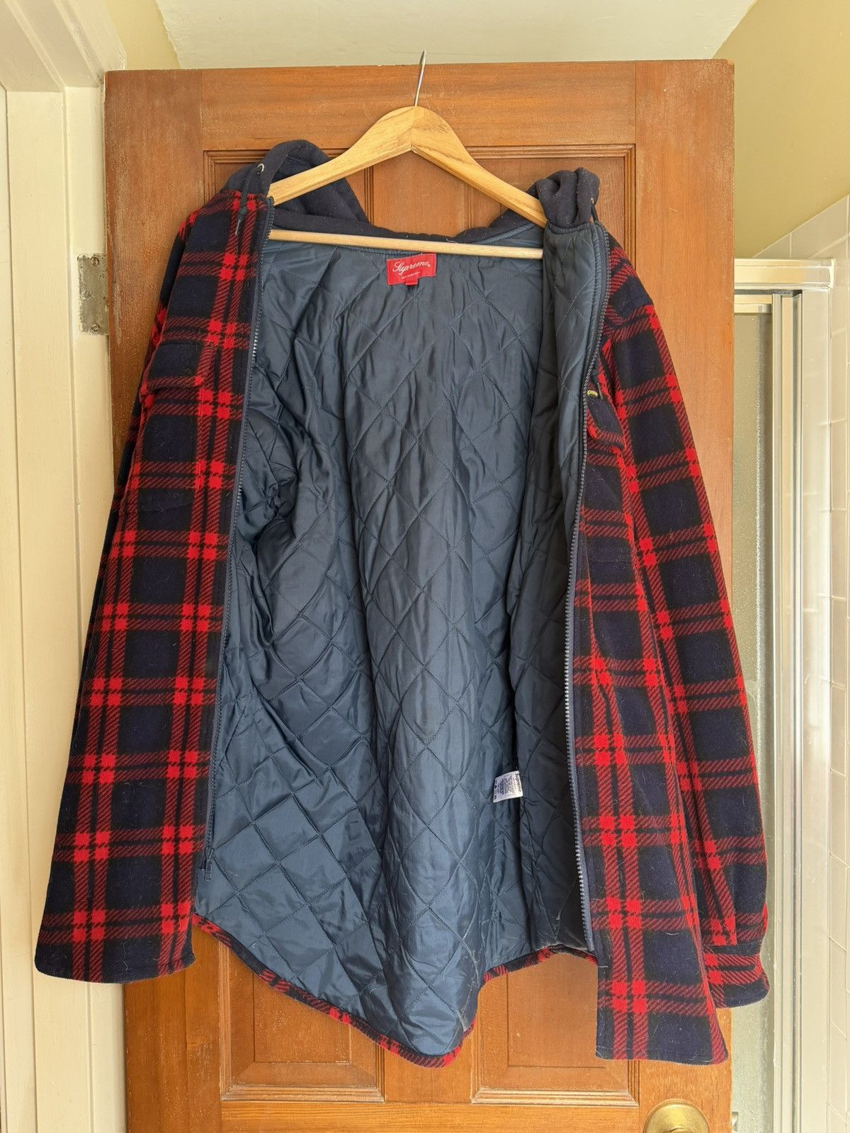 Supreme Supreme Hooded Plaid Workshirt Fleece Red/Navy Size US XL / EU 56 / 4 - 5 Thumbnail