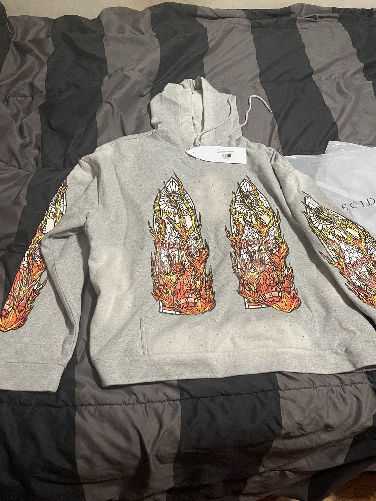 Image of Who Decides War Murder Bravado Flame Glass Hoodie in Grey, Men's (Size XL)