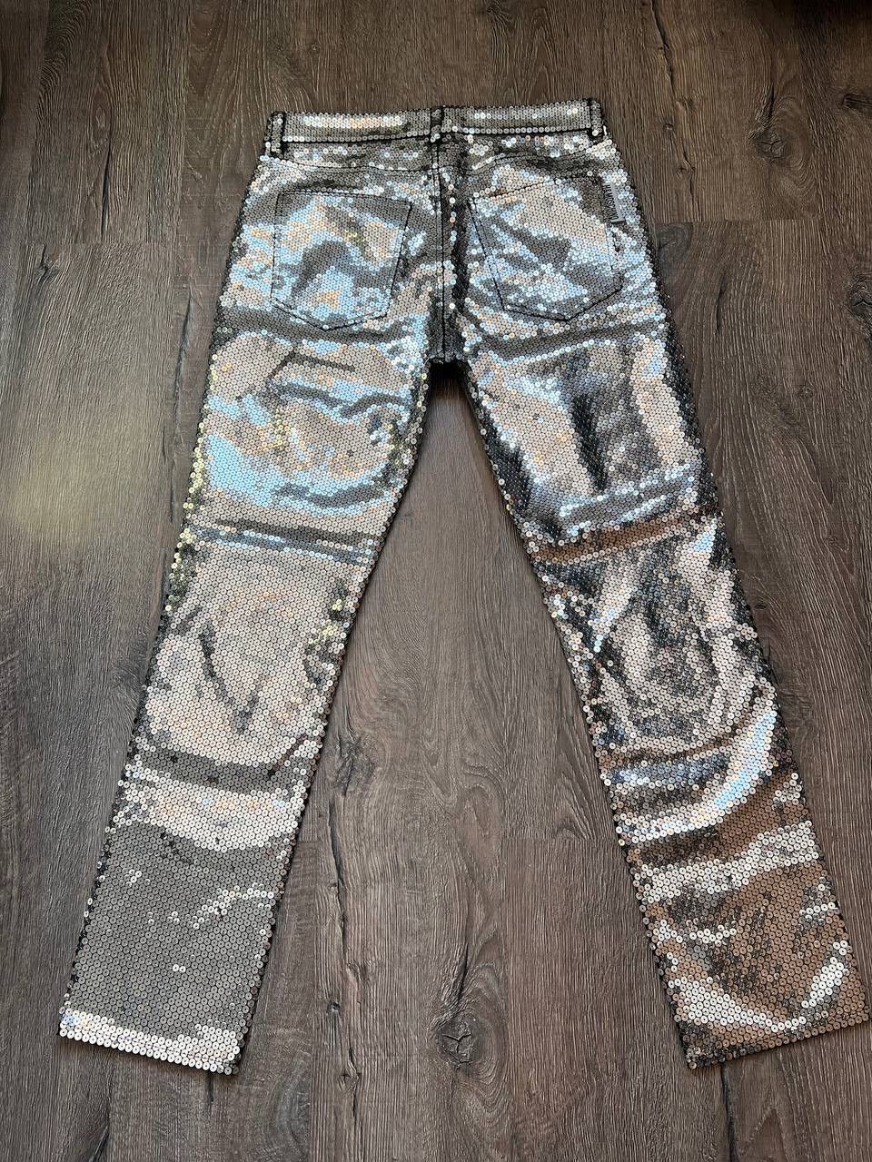 Japanese Brand × Jeremy Scott × Moschino Moschino H&M Jeremy Scott sequined denim silver pants Size US 33 - 7 Thumbnail