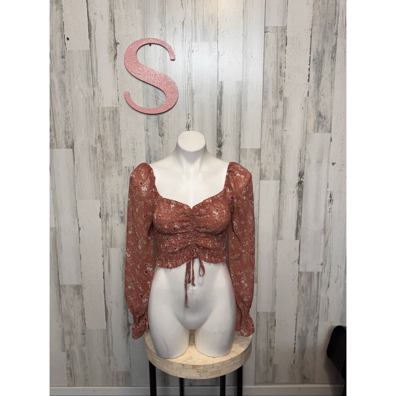 Other Papermoon Floral Long Sleeve Crop Top | Rust Smocked Ruched Size S / US 4 / IT 40 - 1 Thumbnail
