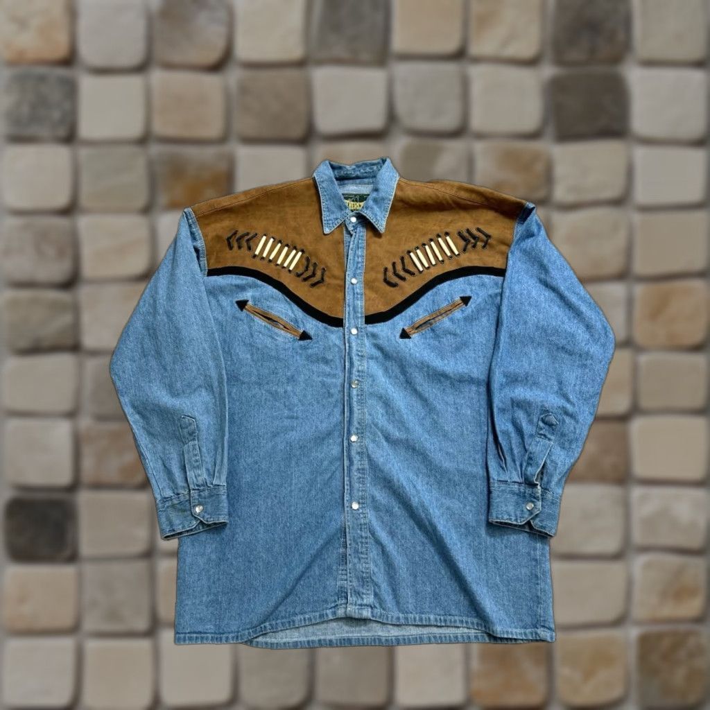 VINTAGE Rivergold Western Shirt Mens Large Denim Leather Effect Panel Cowboy Shirt
