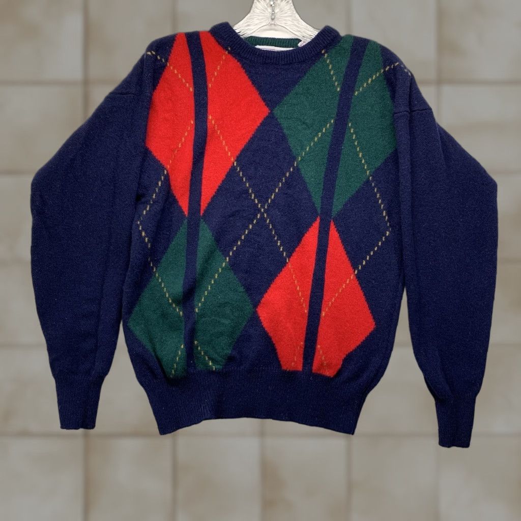 Vintage VINTAGE John Ashford Men’s Pullover Sweater Long Sleeve Crew Neck Argyle Knit Wool Lambswool Navy 80s 90s Retro Casual Size US M / EU 48-50 / 2 - 1 Thumbnail