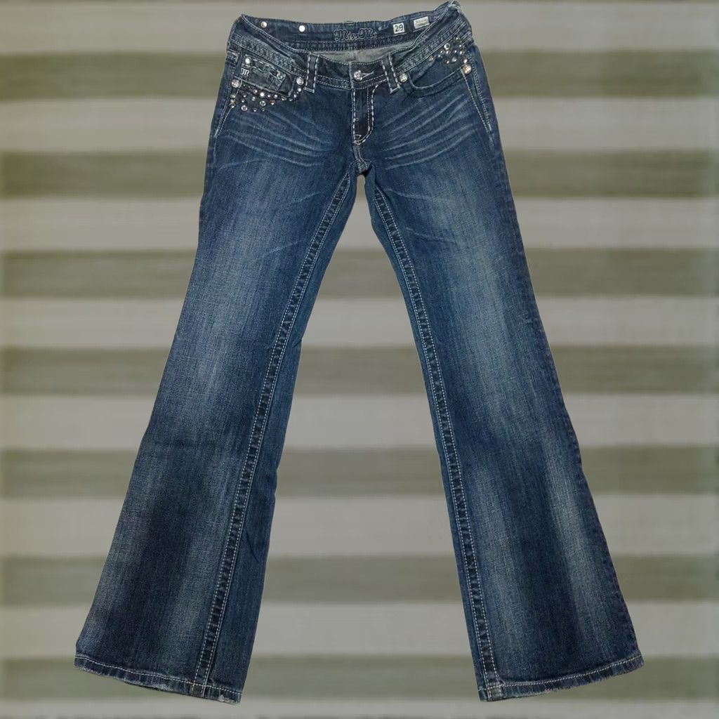 Miss Me Miss Me Jeans Bootcut 5-Pocket Denim Women 29 Medium Wash Blue Embroidered Pockets Stretch Relaxed Regular Size 30x31 Mens Womens Boys Girls Size 29" - 1 Thumbnail
