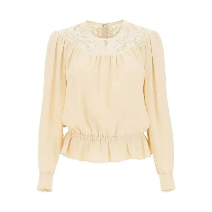 Image of Celine O1S22I1N0424 Guipure Lace Blouse In Beige, Women's (Size XS)