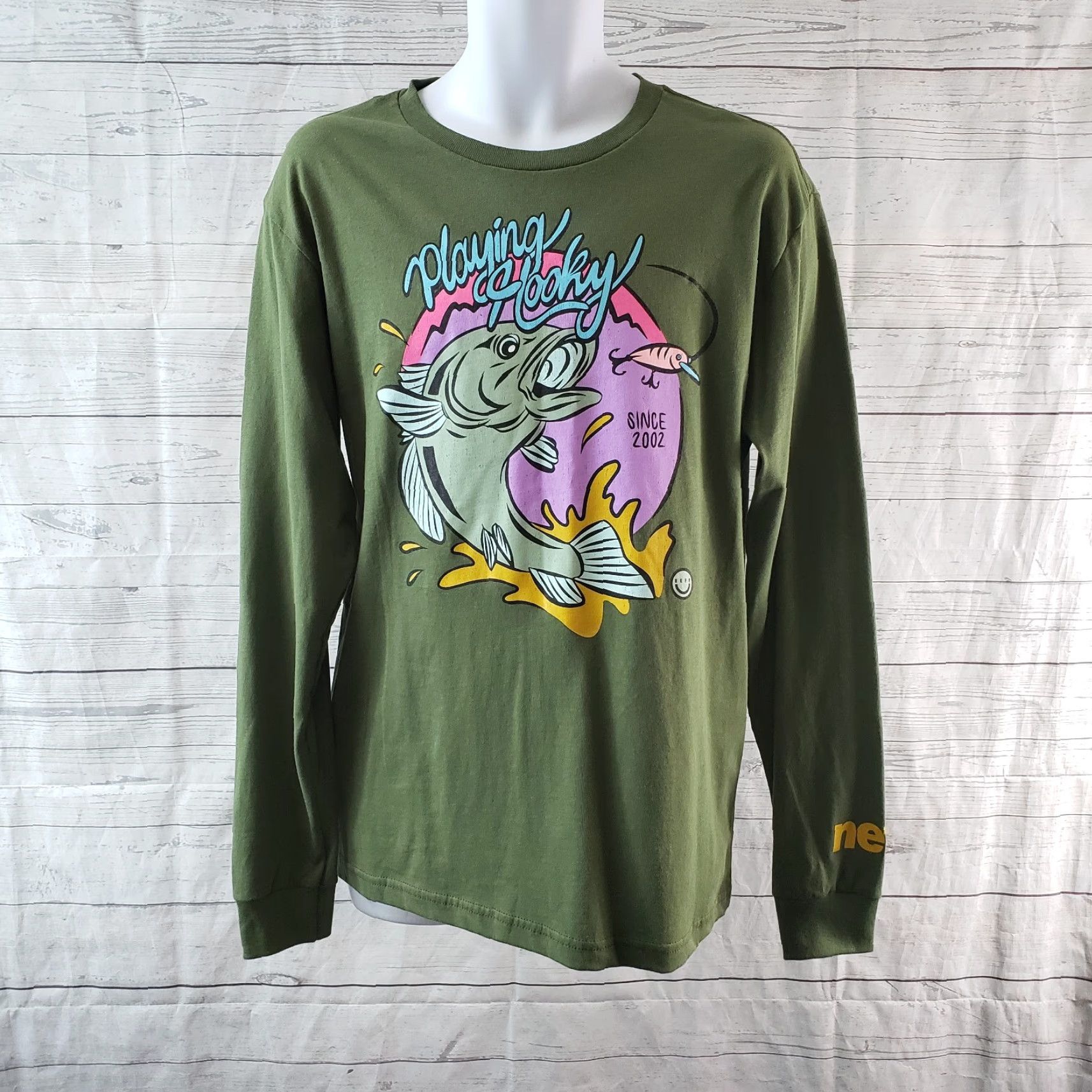 Vintage Neff Mens Long Sleeve Graphic Tee Sz M Green Purple Playing Hooky Cotton Tee Shirt Mens Size US M / EU 48-50 / 2 - 2 Thumbnail