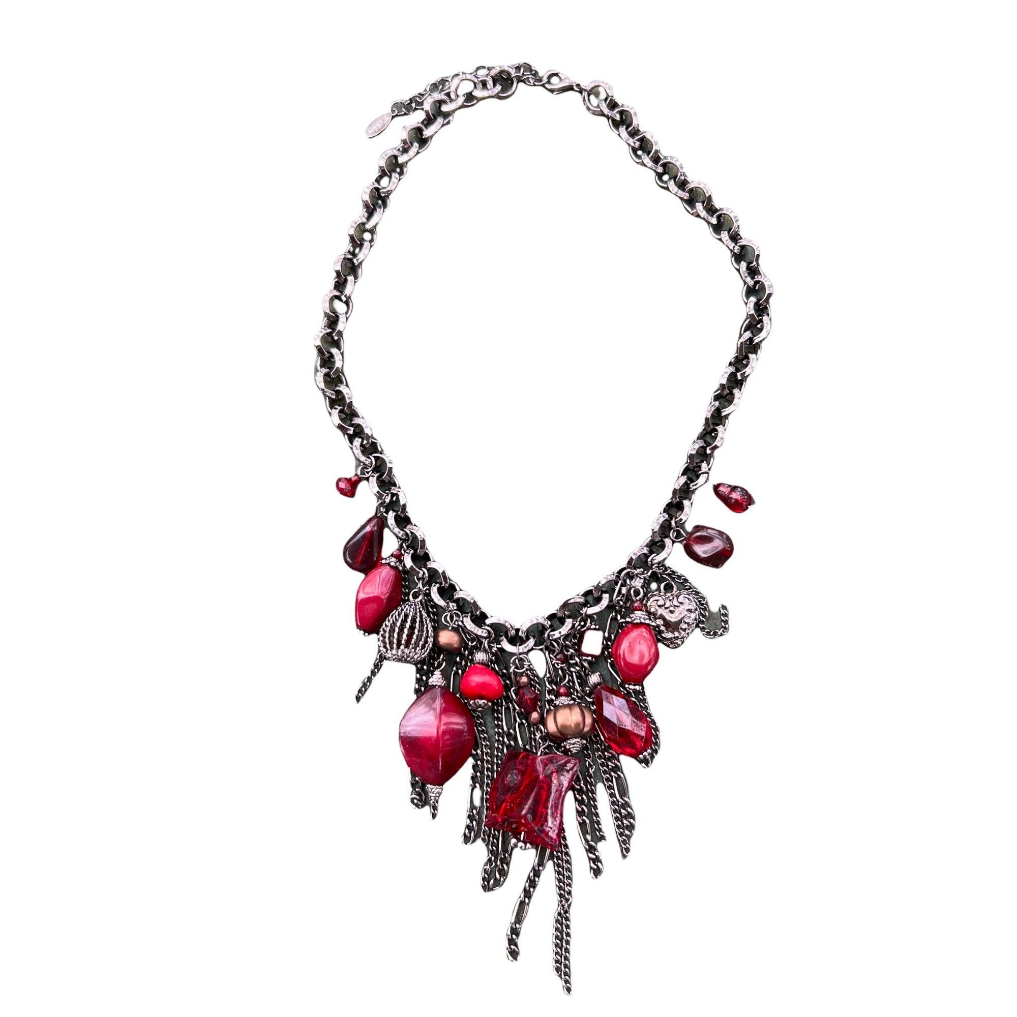 Other EsMor Gunmetal Necklace Red Lucite Plastic Beads Adjustable Size ONE SIZE - 1 Thumbnail