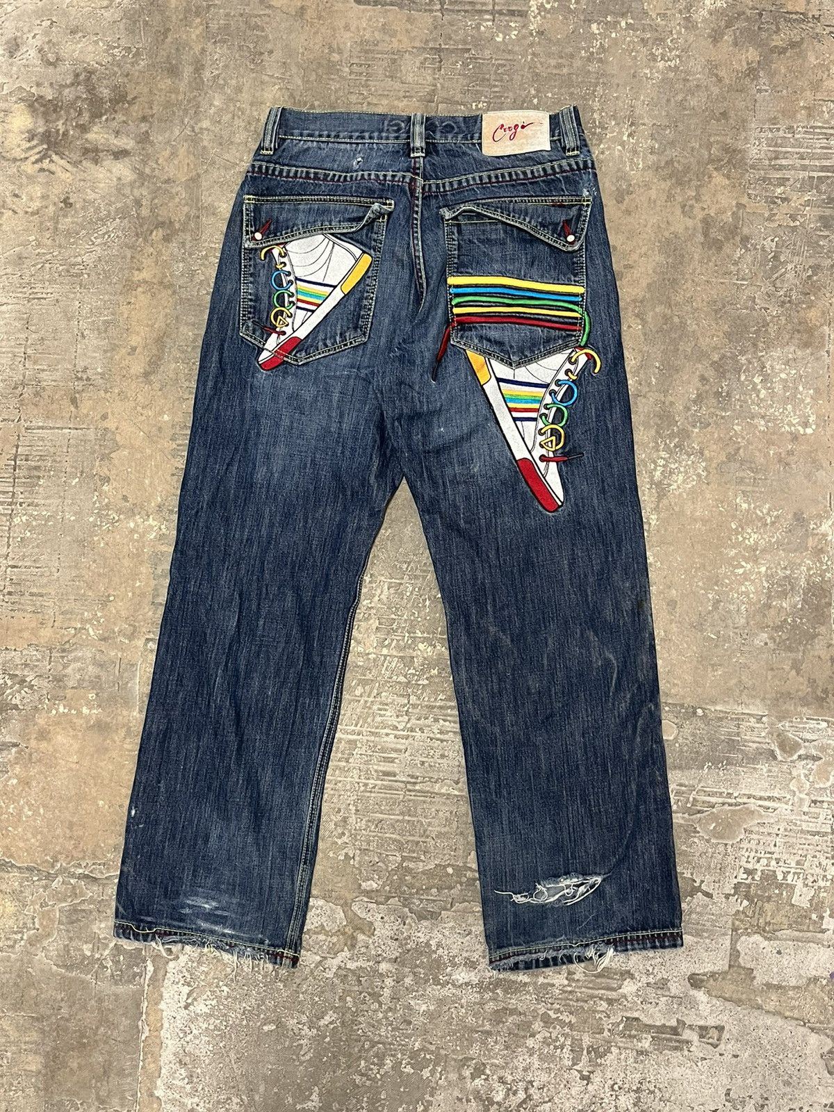 image of Crazy Y2K Jnco Style Coogi Back Embroidered Pants in Denim, Men's (Size 34)