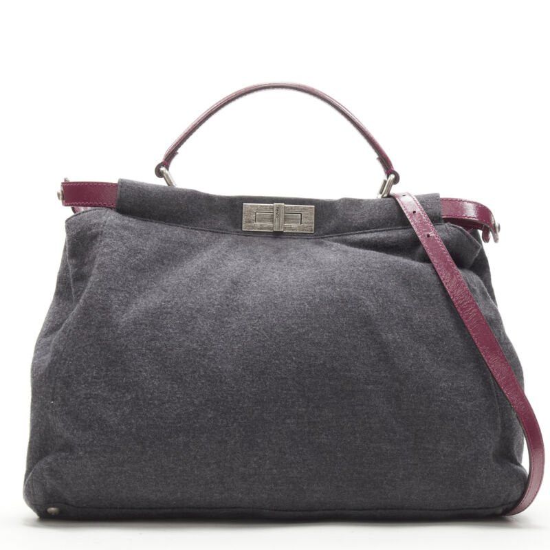 Fendi rare FENDI Peekaboo grey wool burgundy textured leather shoulder satchel bag Size ONE SIZE - 1 Thumbnail