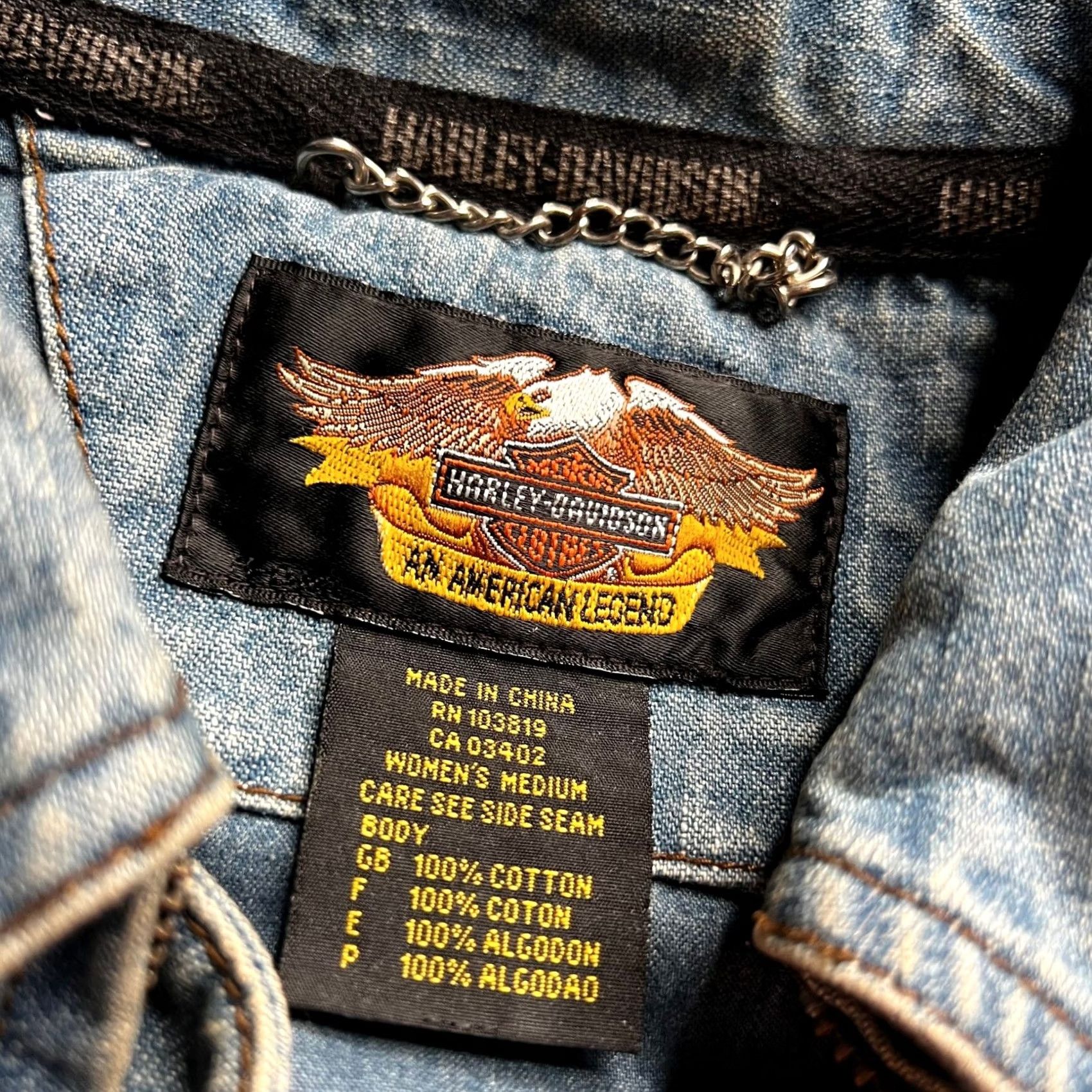 Harley Davidson Harley-Davidson Denim Jacket Blue Leather Embossed Eagle Back Medium Womens Size M / US 6-8 / IT 42-44 - 7 Thumbnail