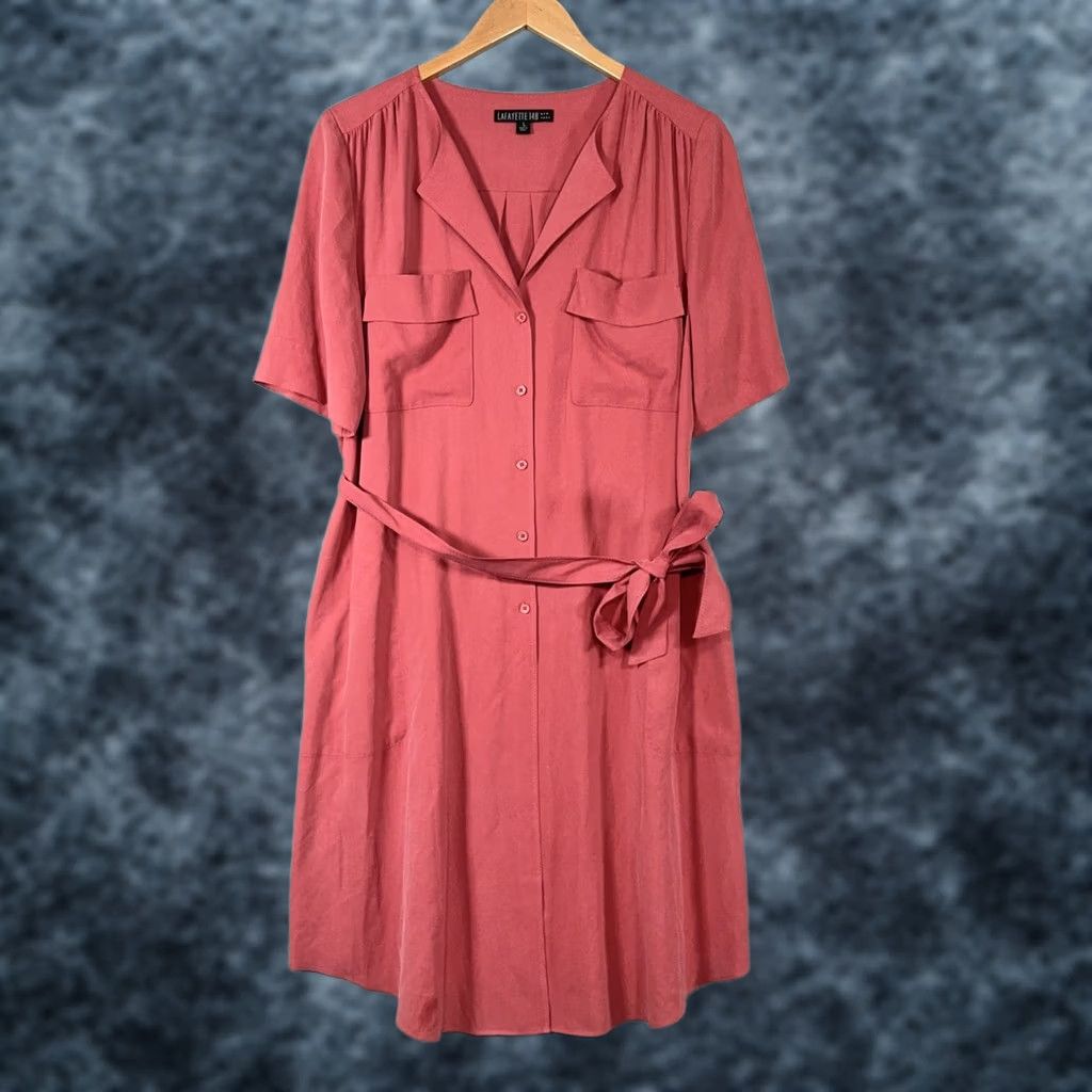 Vintage Lafayette 148 New York Silk Dress Large Red Belted Shirt Pocket Dress Size L / US 10 / IT 46 - 1 Thumbnail