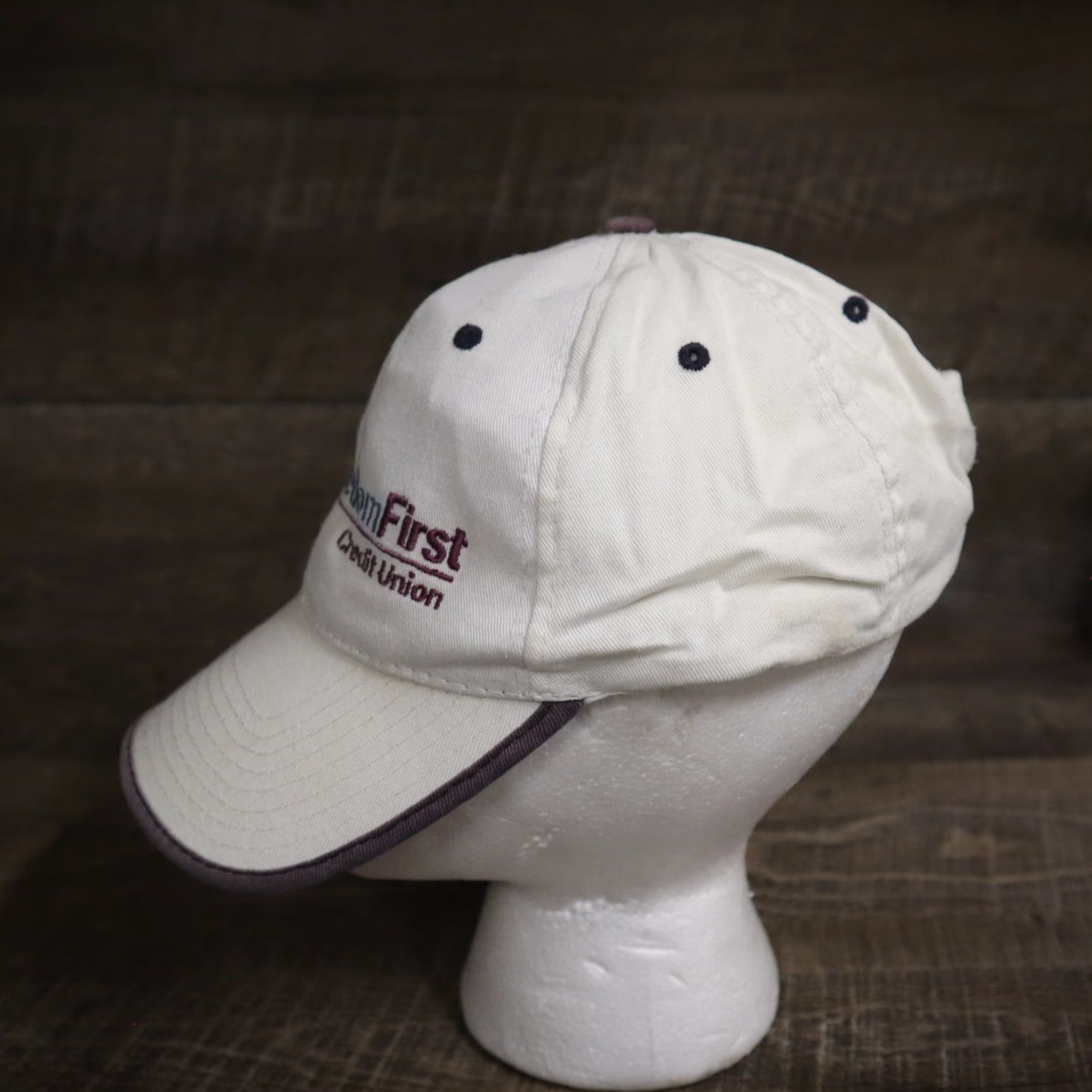 Vintage Hit Wear Freedom First Credit Union Bank White Cap Hat Adjustable Unisex Adults Baseball Cap 100% Cotton White Cap Hat Adjustable Size ONE SIZE - 4 Thumbnail