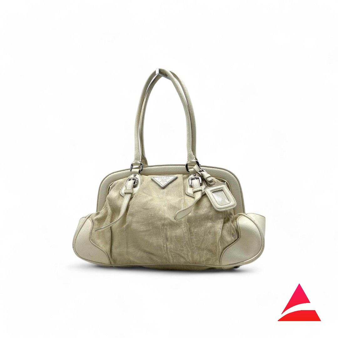 Prada Prada - Canvas Handbag White Triangle Logo Vintage Leather Size ONE SIZE - 1 Thumbnail