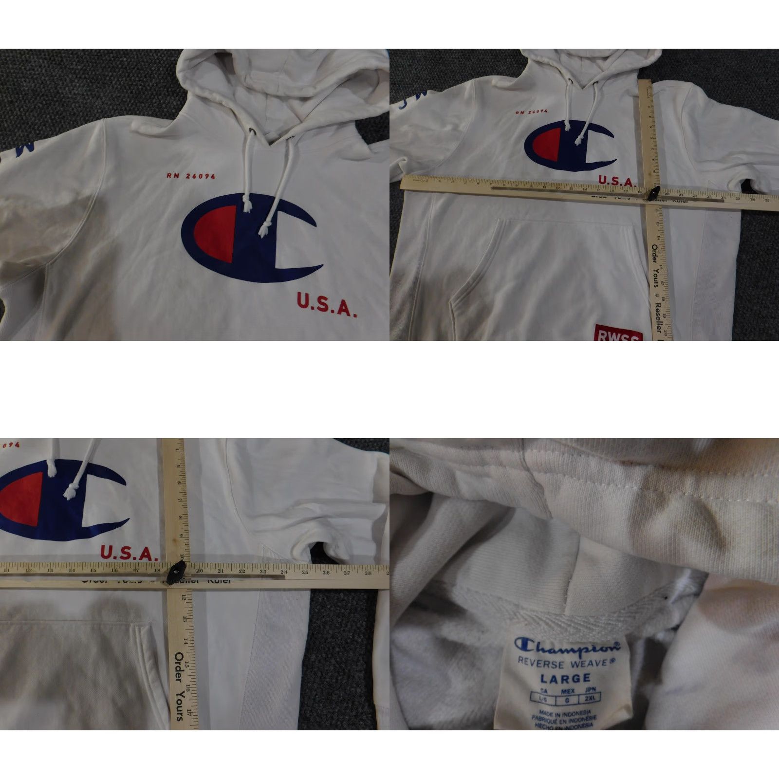 Champion VINTAGE Champion Hoodie Mens Large White Reverse Weave USA Red Blue Logo RWSS Pullover Size US L / EU 52-54 / 3 - 8 Thumbnail