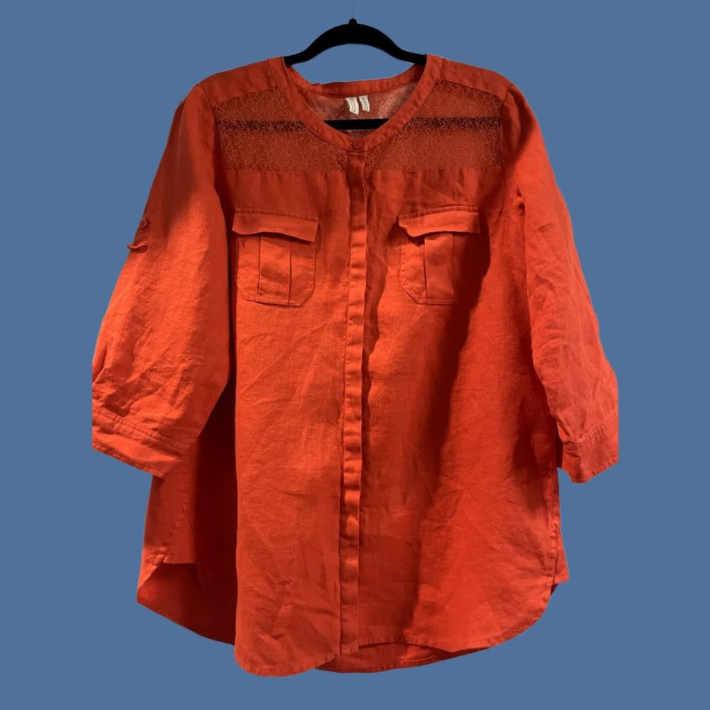 Madison Madison Shirt Womens XL Red Linen Lace Tunic Long Sleeve Button Front Pockets Size XL / US 12-14 / IT 48-50 - 1 Thumbnail