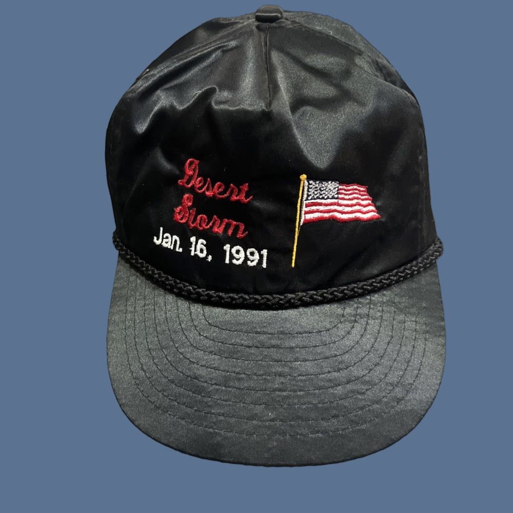 Vintage VINTAGE Nissin Desert Storm Baseball Cap Zipper back Hat Black Satin Adjustable Men Adults Casual 1991 Military Theme Size ONE SIZE - 1 Thumbnail