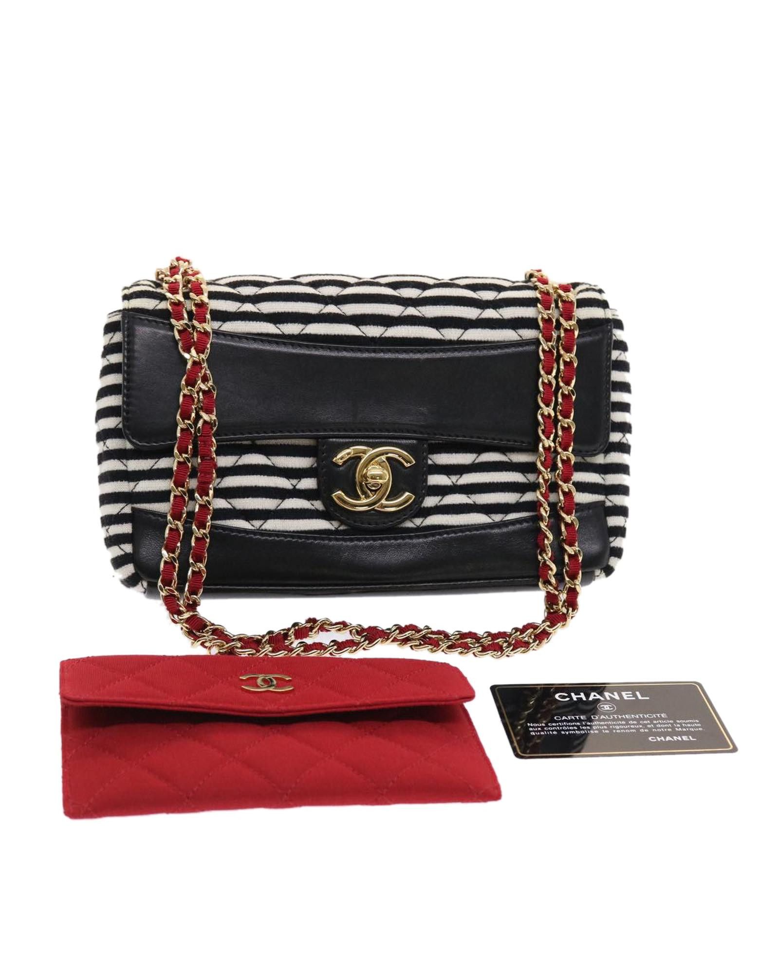 image of Chanel Canvas Quilted Shoulder Bag With Red And White Accents in Black, Women's