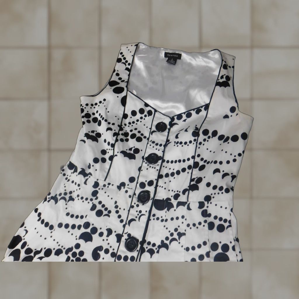 Vintage Spense Womens Dress A-Line Midi Button Down 8 White Knit Cotton Puff Sleeve Mock Neck Lined Casual Size M / US 6-8 / IT 42-44 - 1 Thumbnail