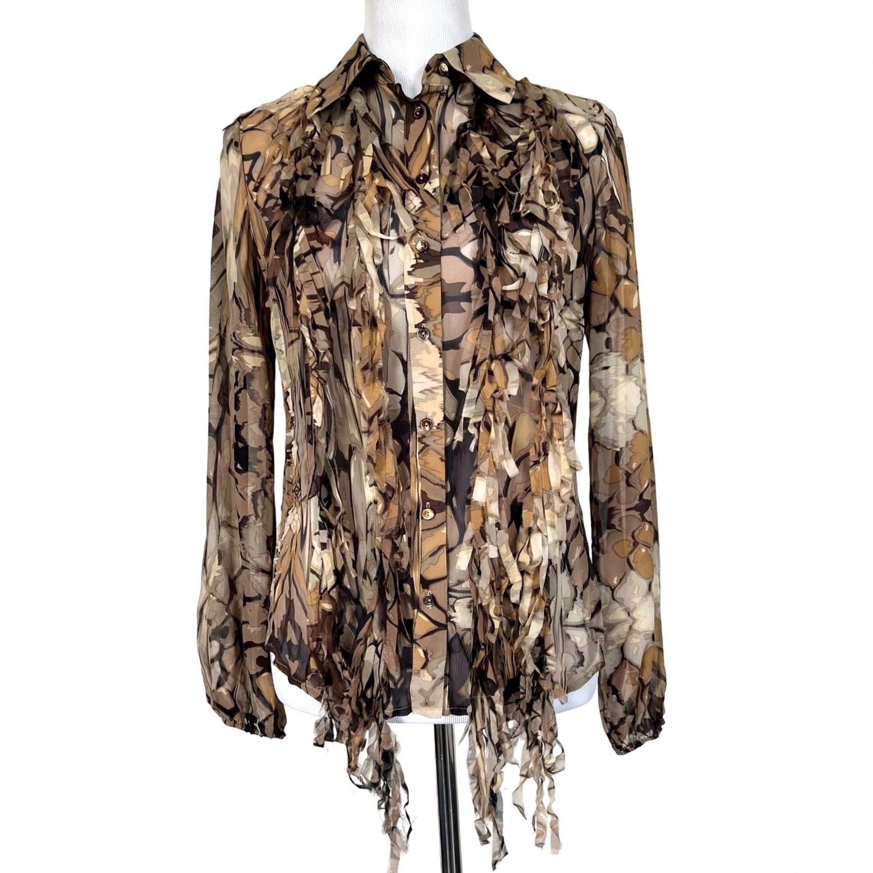 Vintage Per Se Silk Blouse Button Front Fringe Ruffle Front Brown Print Sheer Women’s 2 Size XS / US 0-2 / IT 36-38 - 2 Thumbnail