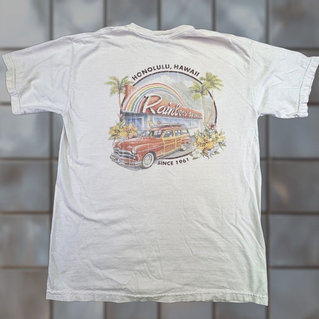 Rainbow VINTAGE Malibu Shirts T-Shirt Mens Adult Medium White Rainbow Hawaii Drive-In Graphic Tee Size US M / EU 48-50 / 2 - 1 Thumbnail