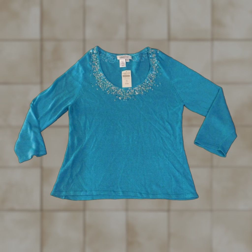 Coldwater Creek Coldwater Creek Sweater Womens Medium Teal Beaded Neck 3/4 Sleeve Linen Rayon Scoop Neck Pullover Knit Size M / US 6-8 / IT 42-44 - 1 Thumbnail