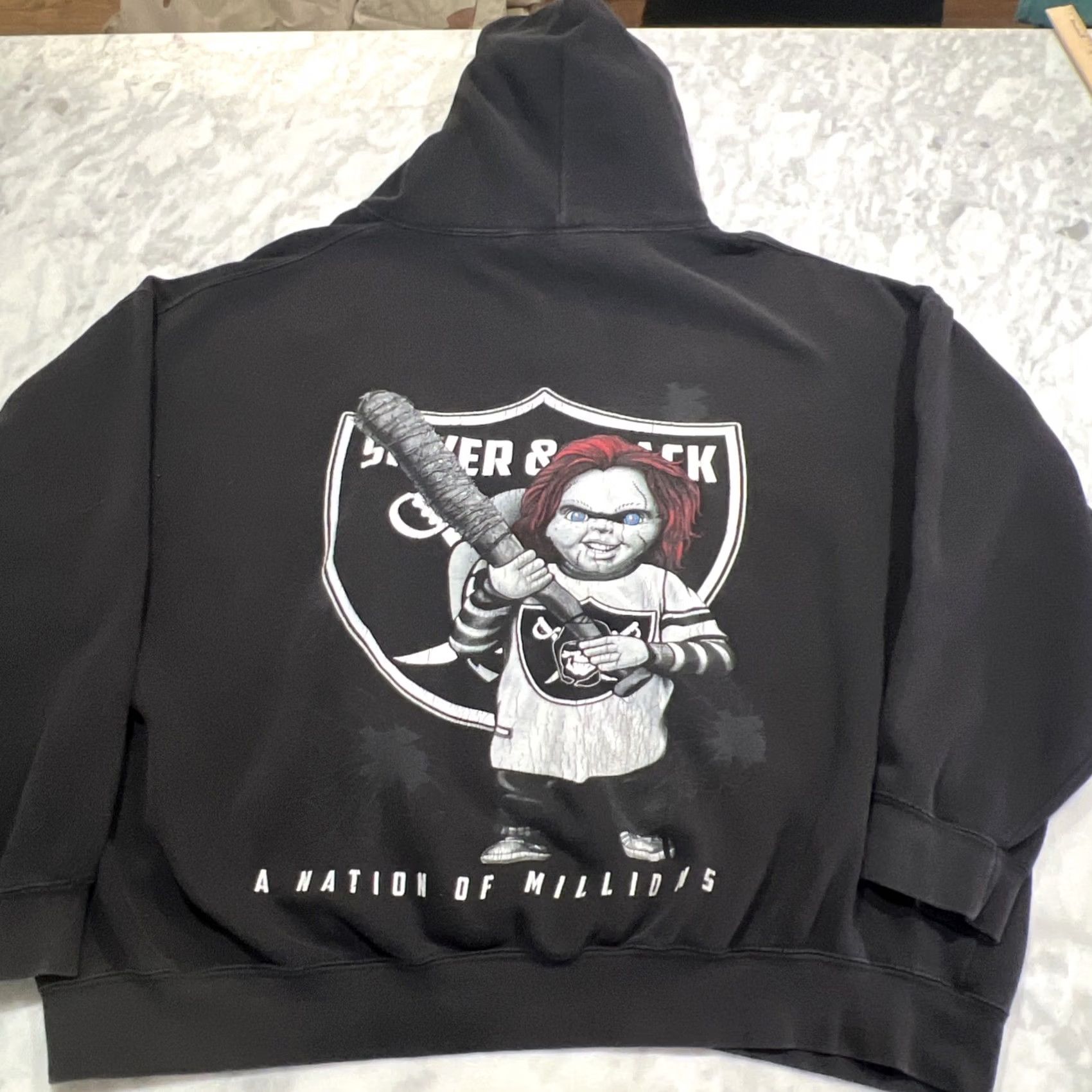 NFL Raider Black Silver Nation Chuckie Sweatshirt Men 2XL Hoodie NFL Graphics Faded Pullover Size US XXL / EU 58 / 5 - 3 Thumbnail