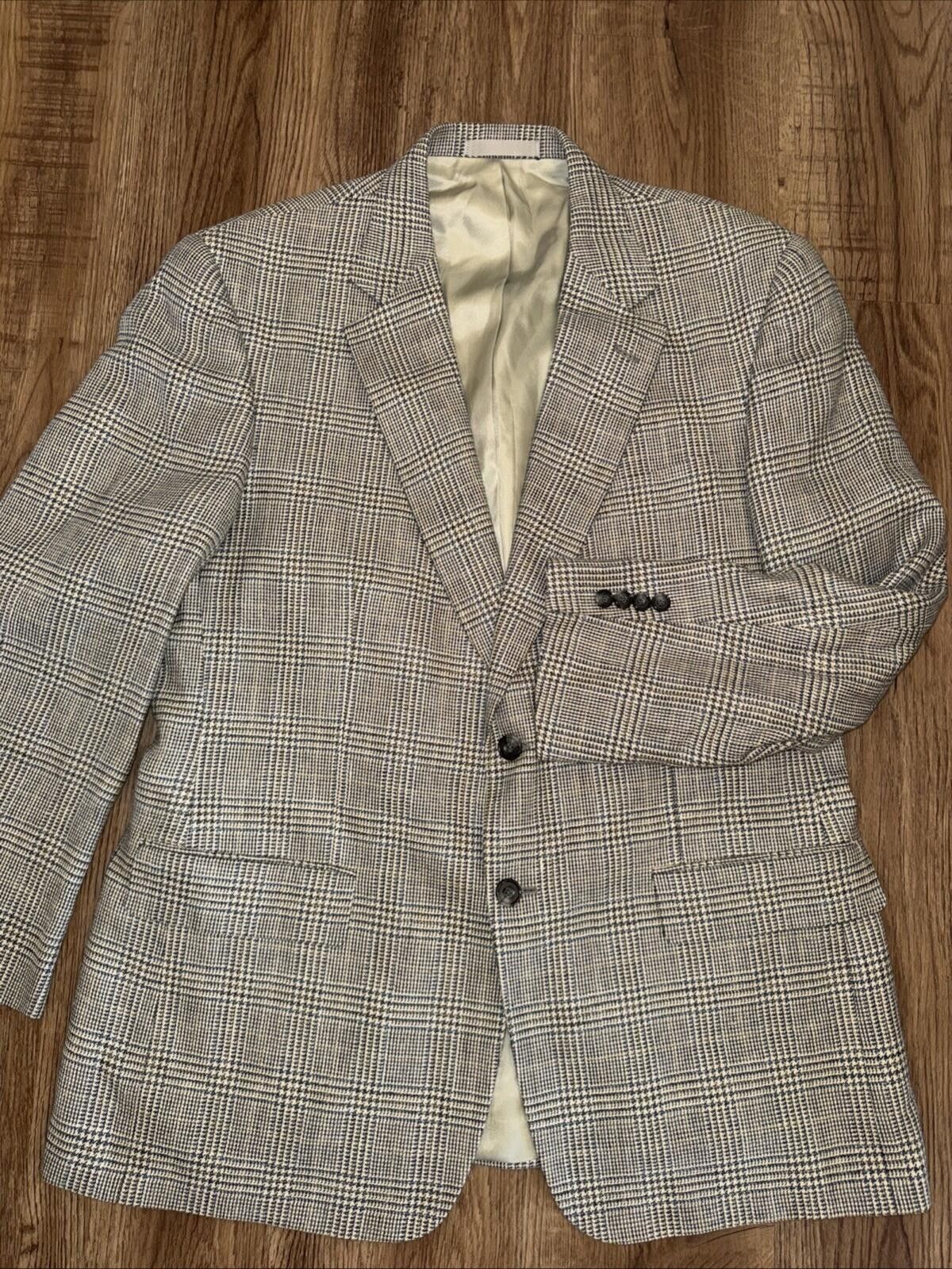 Oliver Peoples Oliver Blazer Mens 44 Tan Blue Plaid Blazer Wool Linen Silk Size 44R - 1 Thumbnail