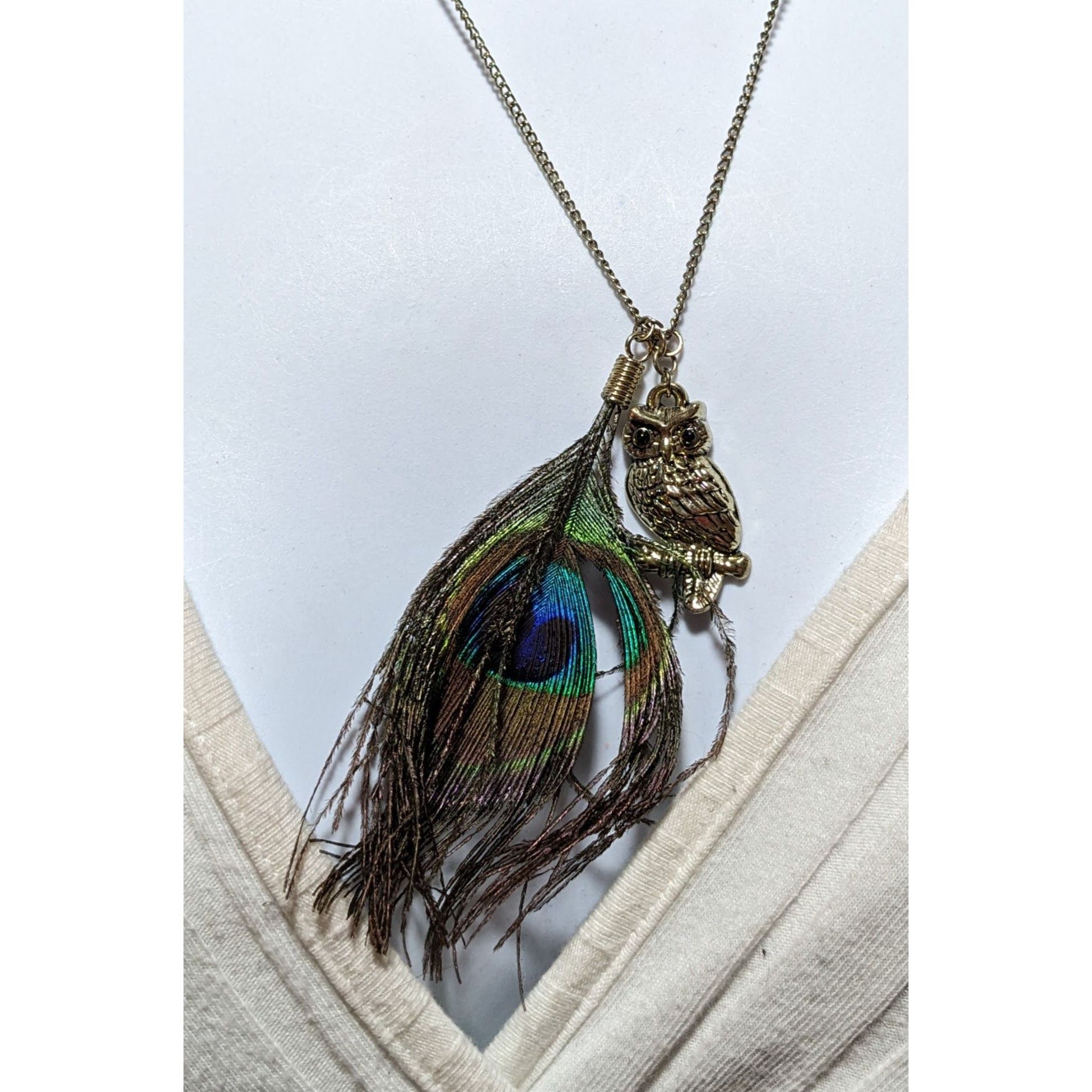 Other Peacock Feather Owl Charm Necklace Size ONE SIZE - 7 Thumbnail