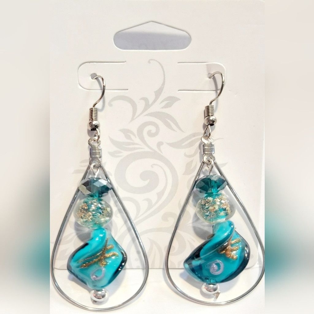Handmade Twisted Teal, Gold, and Silver Drop Dangle Beaded Earrings Size ONE SIZE - 1 Thumbnail