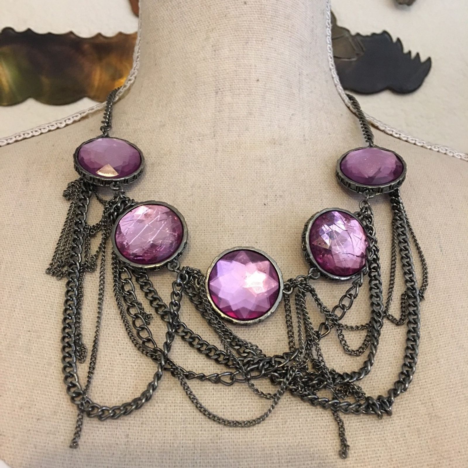Jewelry Purple glass cabochon chrome chandelier necklace Size ONE SIZE - 1 Thumbnail