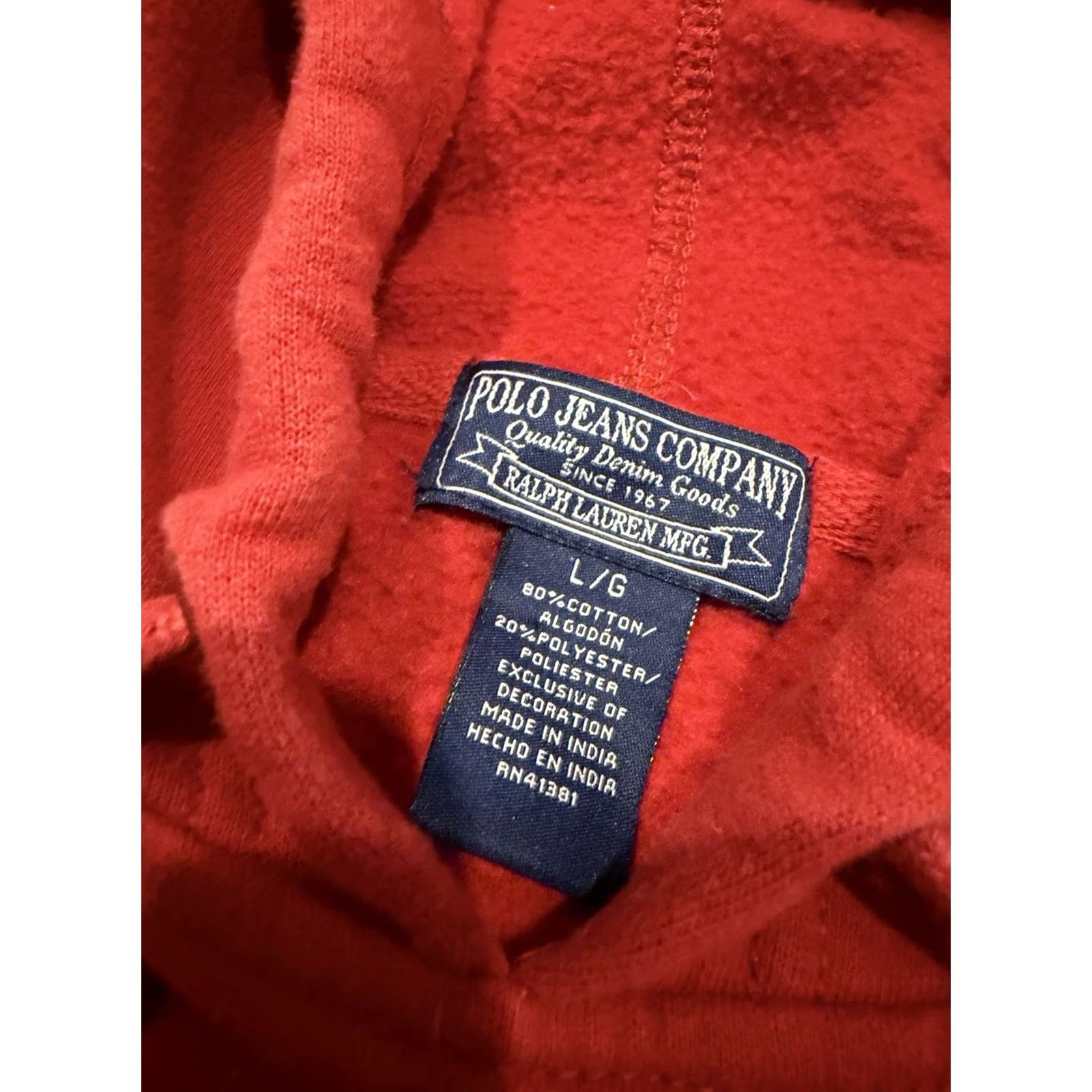 Polo Ralph Lauren Vtg Polo Jeans Company Ralph Lauren Hoodie Sweatshirt Red Pullover Men’s Large Size US L / EU 52-54 / 3 - 5 Thumbnail