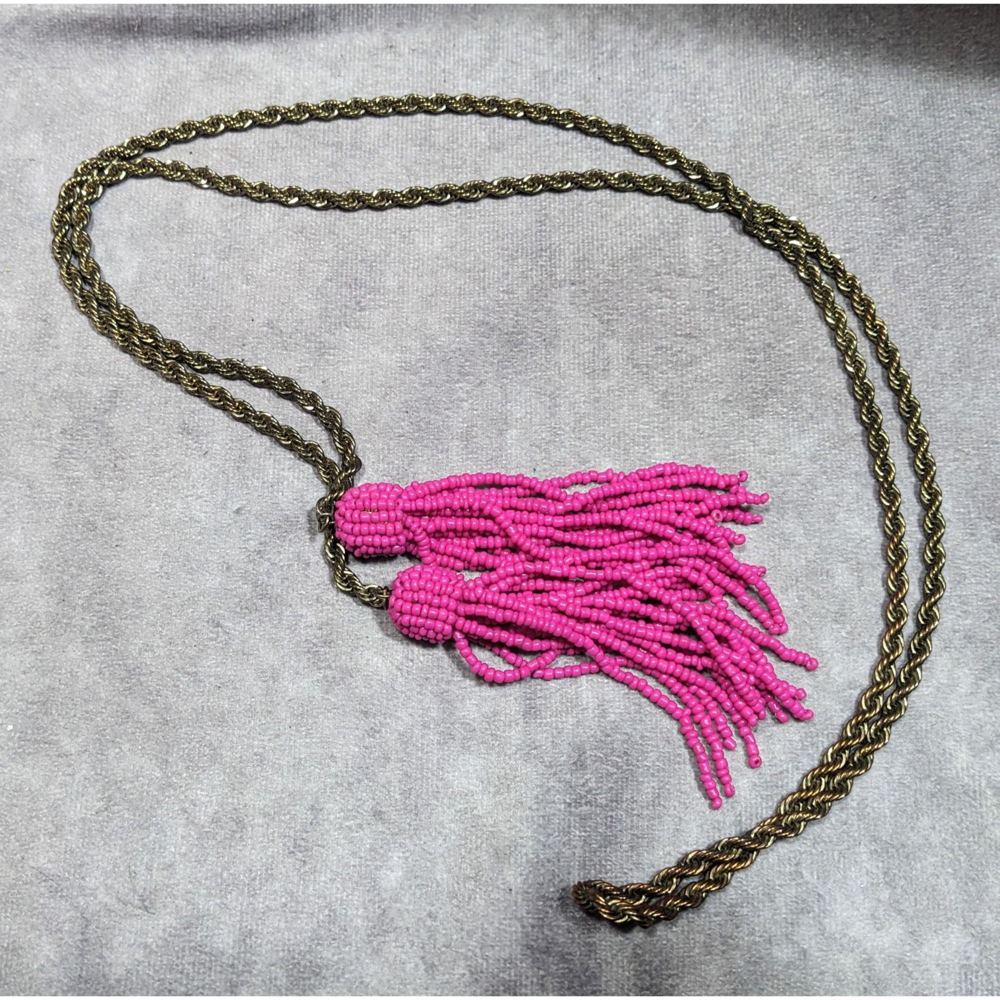 Other Pink Glass Beaded Fringe End Gold Tone Chain Wrap Necklace Size ONE SIZE - 8 Thumbnail